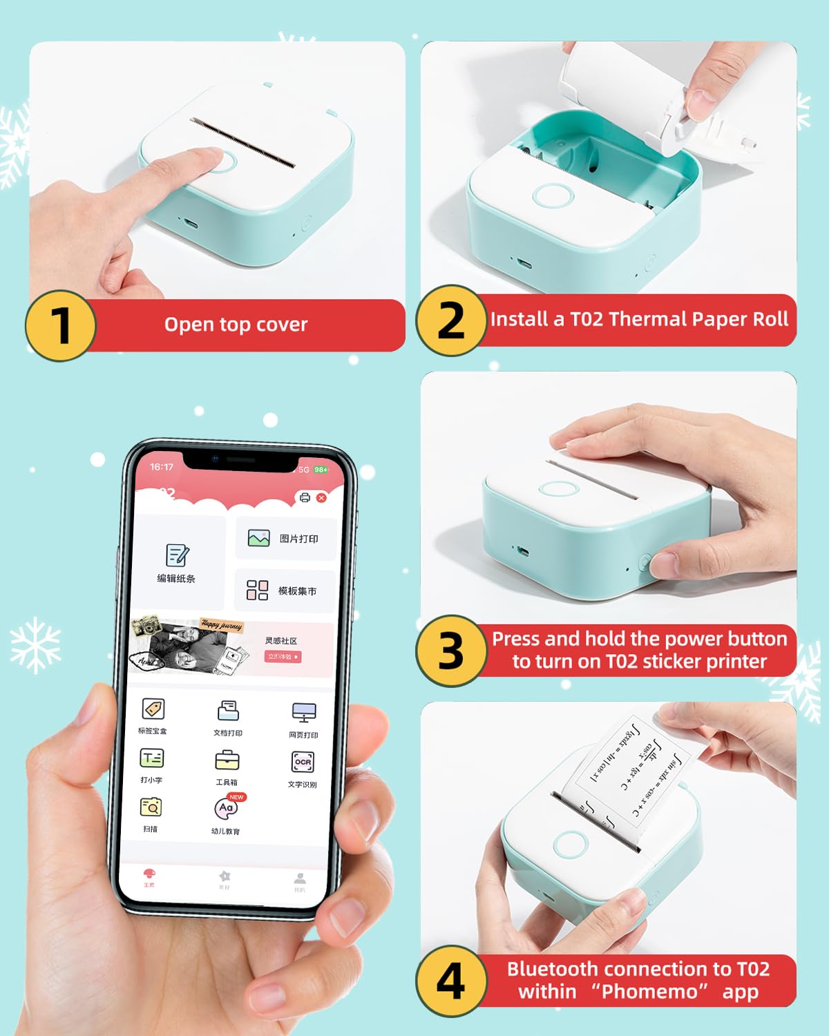 Memoqueen T02 Mini Bluetooth Thermal Sticker Printer - Portable Label Maker for Journals, DIY Scrapbooking, Travel Planning & Kids Crafts - Includes 3 Rolls Thermal Paper - iOS/Android Compatible - Green (Perfect for Home Organization, School Projects & Creative Gift Ideas)