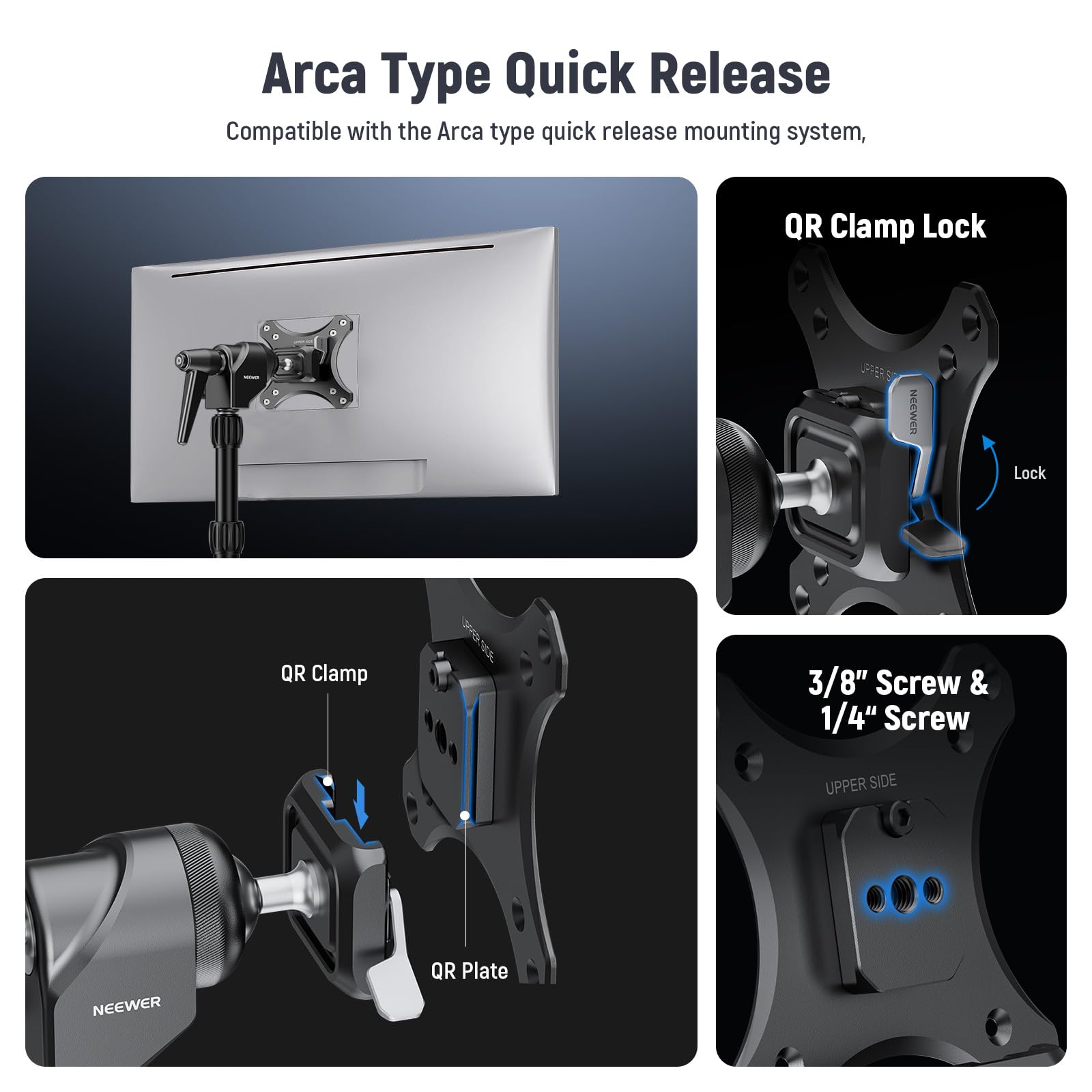 NEEWER VESA Monitor Mount Adapter with Arca Quick Release, 360° Rotatable Ball Head - M4 Screw & 5/8