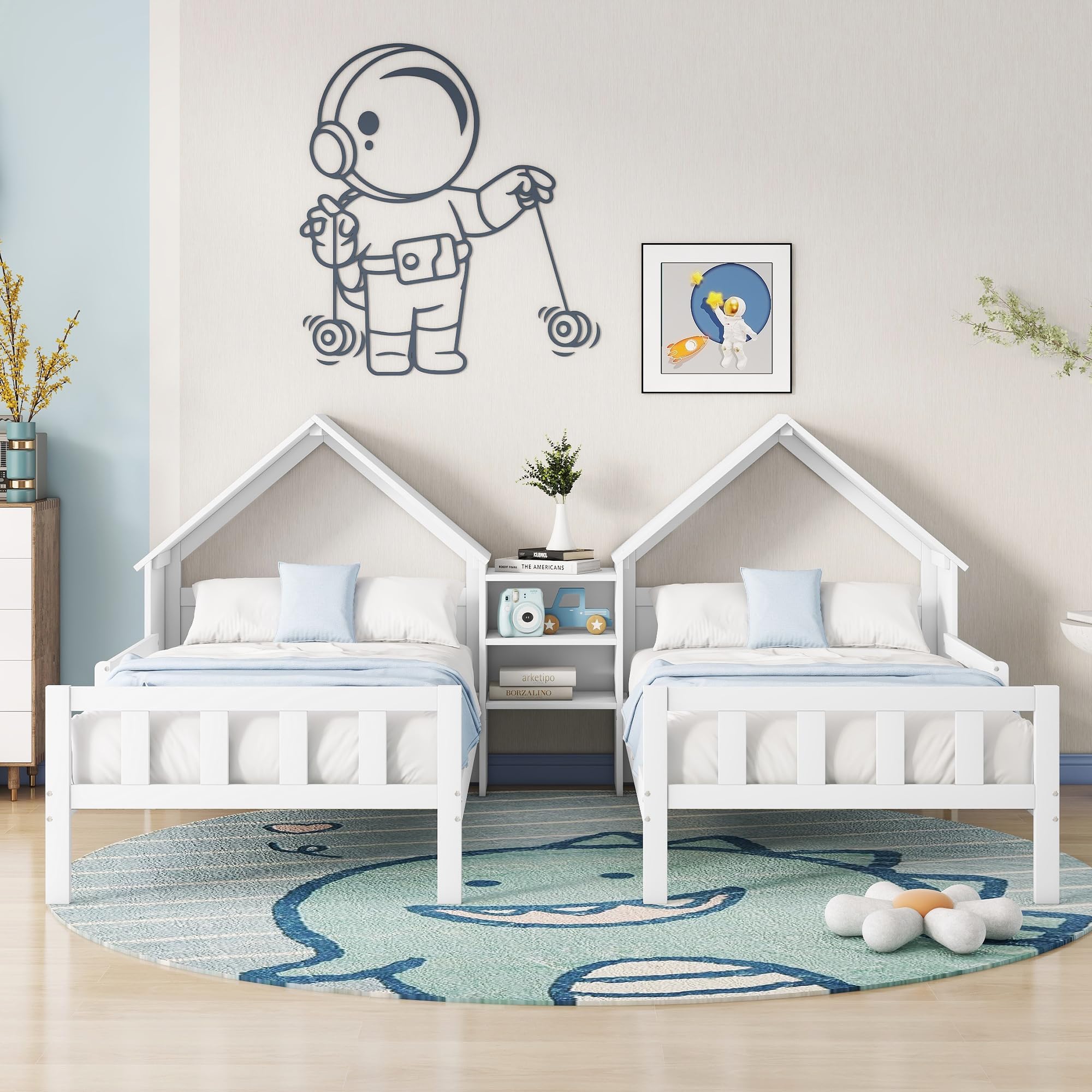 Harper & Bright Designs White Wooden Double Twin Bed Frame for Kids - House-Shaped Headboard with Built-in Nightstand, Side by Side Montessori Bunk Bed for Boys & Girls - Perfect for Shared Kids' Rooms & Small Spaces