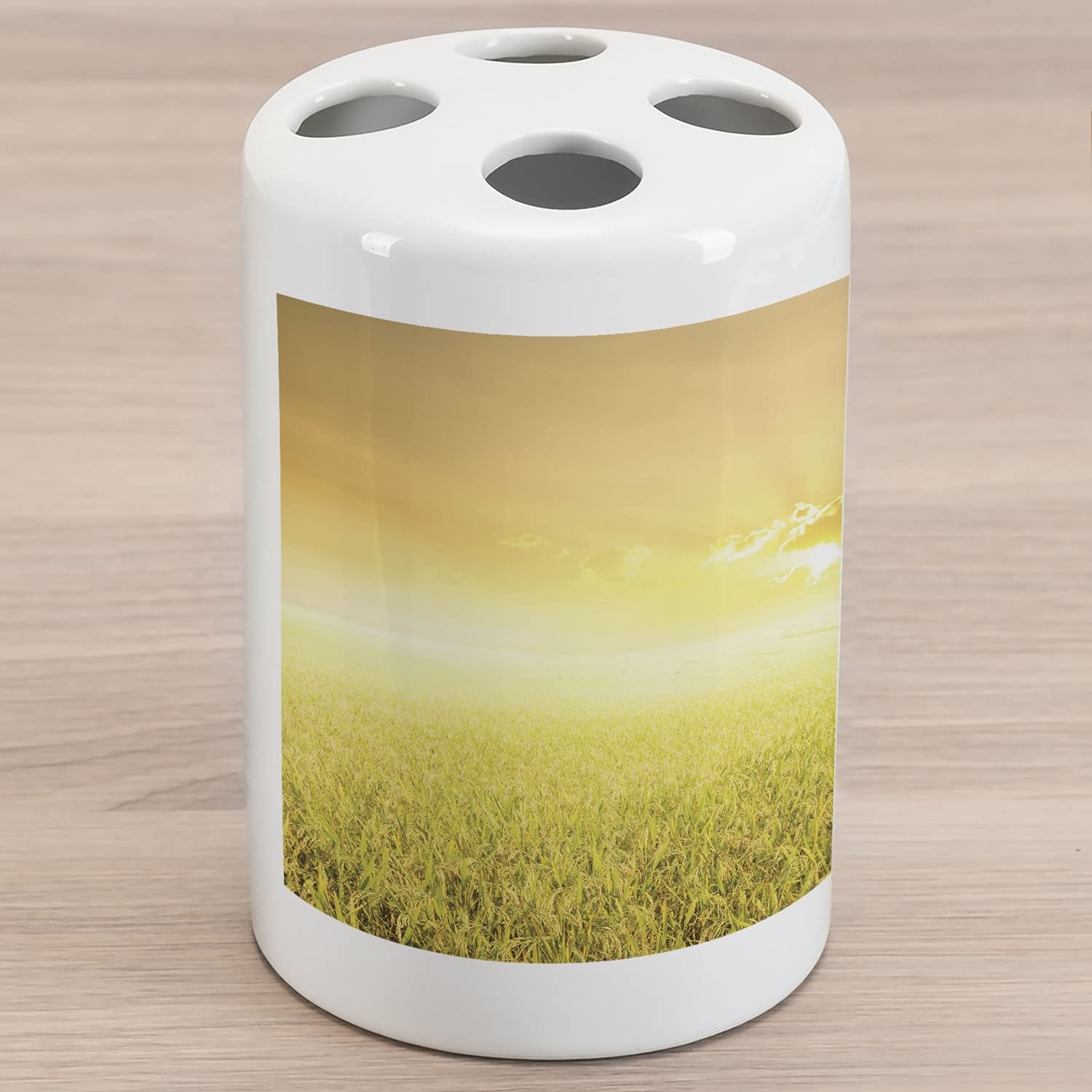 Ambesonne Yellow Ceramic Toothbrush Holder - Rice Field Farm Sunset Countryside Design, Decorative Bathroom Countertop Organizer, 4.5