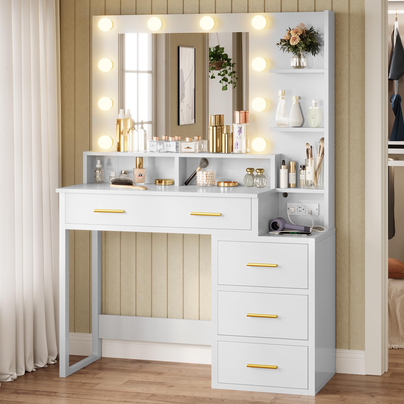 Modern White Makeup Vanity Set with 10 LED Bulbs & 3 Lighting Modes - Adjustable Mirror, 2 USB Ports, Outlets, Storage Shelves & Drawers - Perfect for Bedroom, Dressing Room & Beauty Salon