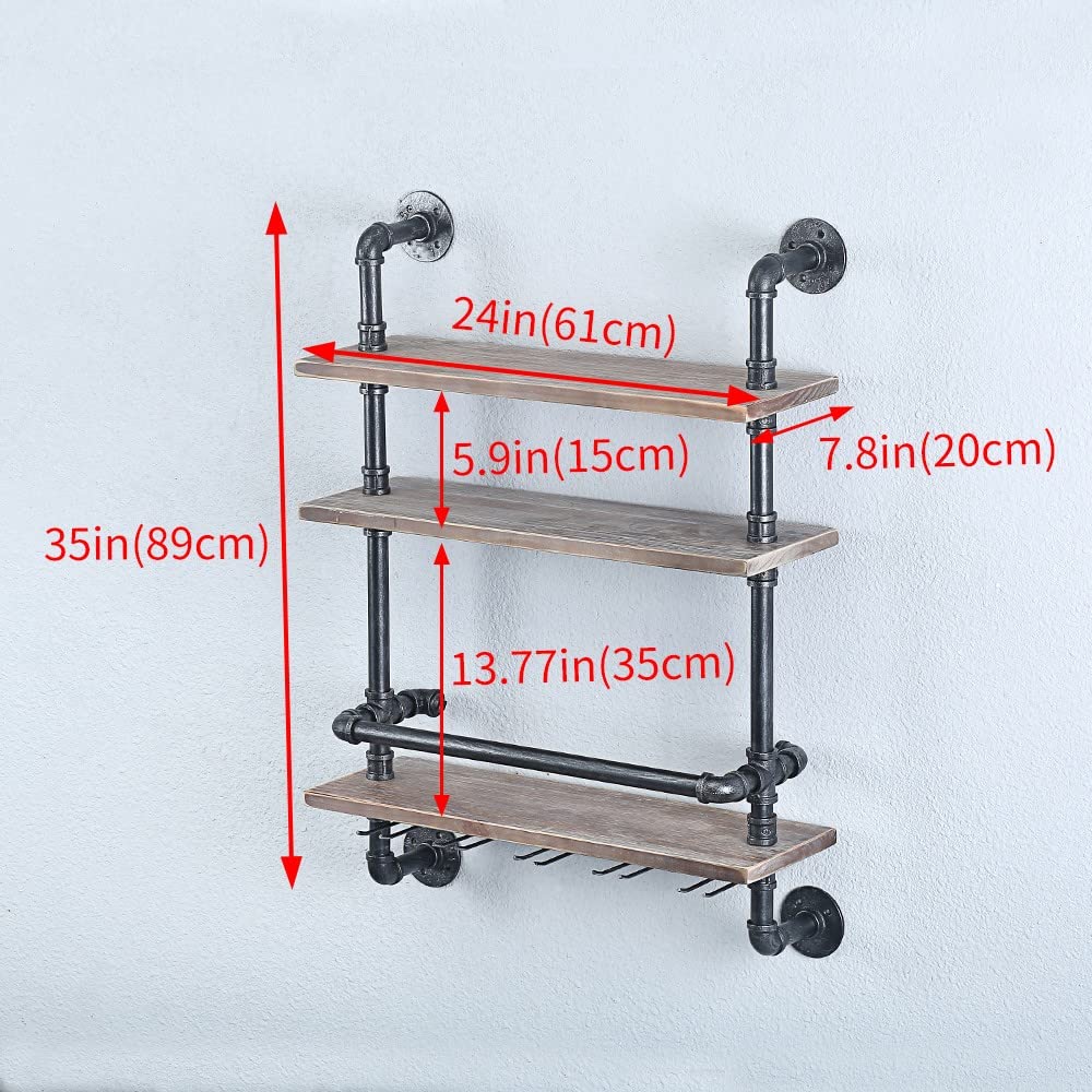 Industrial Pipe Shelf Wine Rack - 24in Wall Mounted Rustic Floating Bar Shelves with 5 Stem Glass Holder, Real Wood Kitchen Wall Shelf Unit, 3-Tier Steam Punk Pipe Shelving for Wine & Glass Storage - Perfect for Kitchen, Dining Room, Bar, and Home Decor