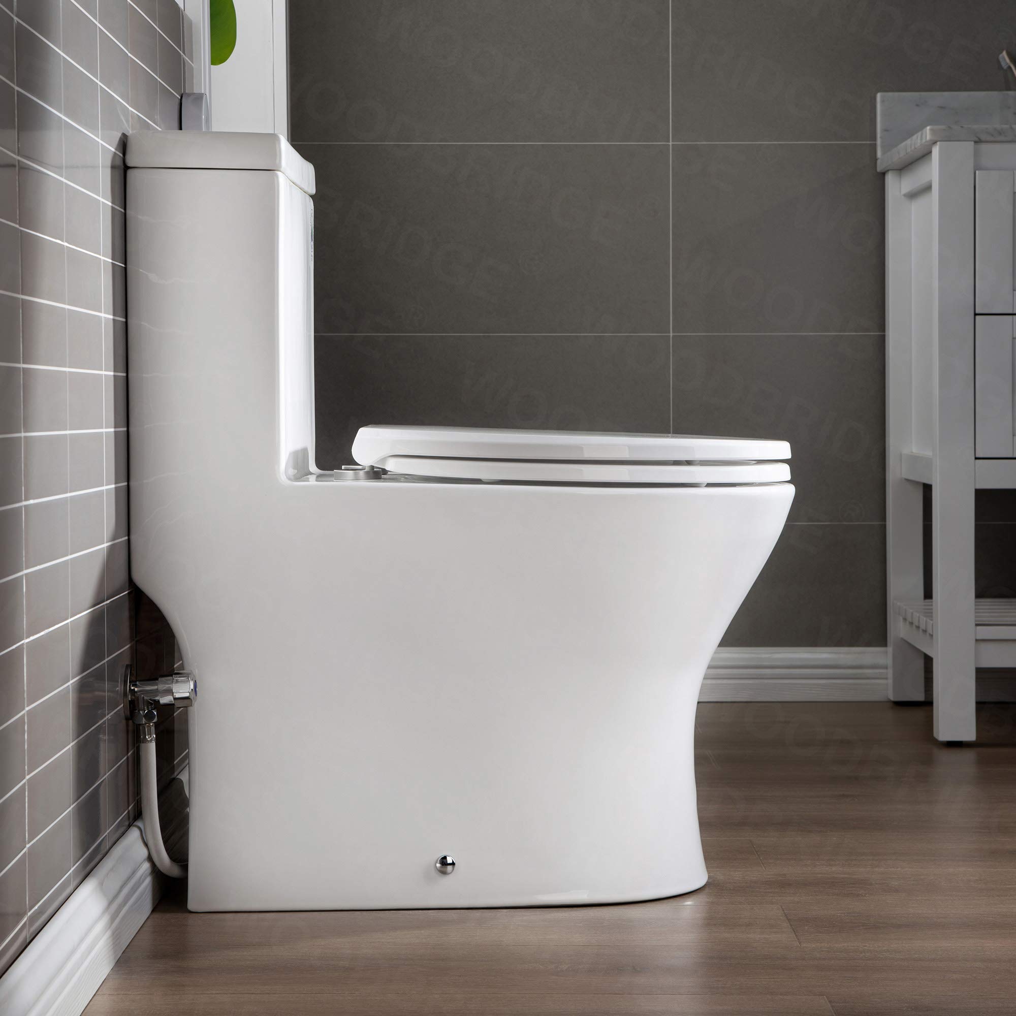 WOODBRIDGE Compact Dual Flush 1.28 GP One Piece Toilet with Soft Closing Seat - 1000 Gram MaP Flushing Score - Small Bathroom Toilet with Brushed Gold Button (B0500-BG, White) - Perfect for Tiny Bathrooms, Powder Rooms & Space-Saving Home Renovations