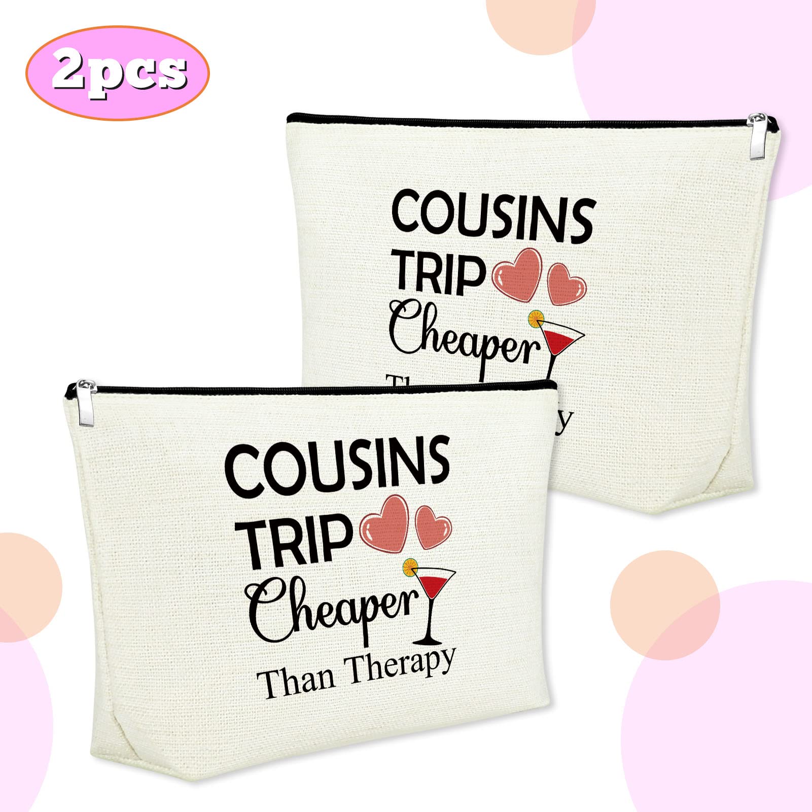 2-Piece Cousin Makeup Bags Set - Funny Inspirational Cosmetic Bags for Women | Perfect Cousins Trip Gifts, Birthday Presents & Female Friendship Weekend Accessories | Great for Travel, Storage & Gift-Giving Occasions