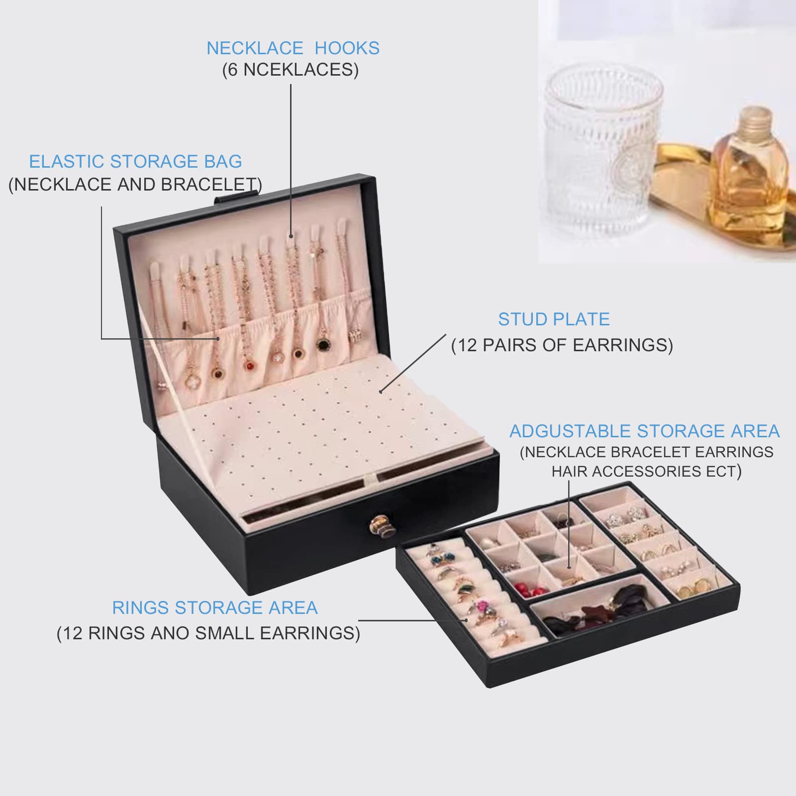 Elegant PU Leather Jewelry Box Organizer for Women - Earring Storage Case with Multiple Compartments, Perfect Birthday Christmas Gift & Party Favor (Black) - Ideal for Travel, Home Decor and Jewelry Organization