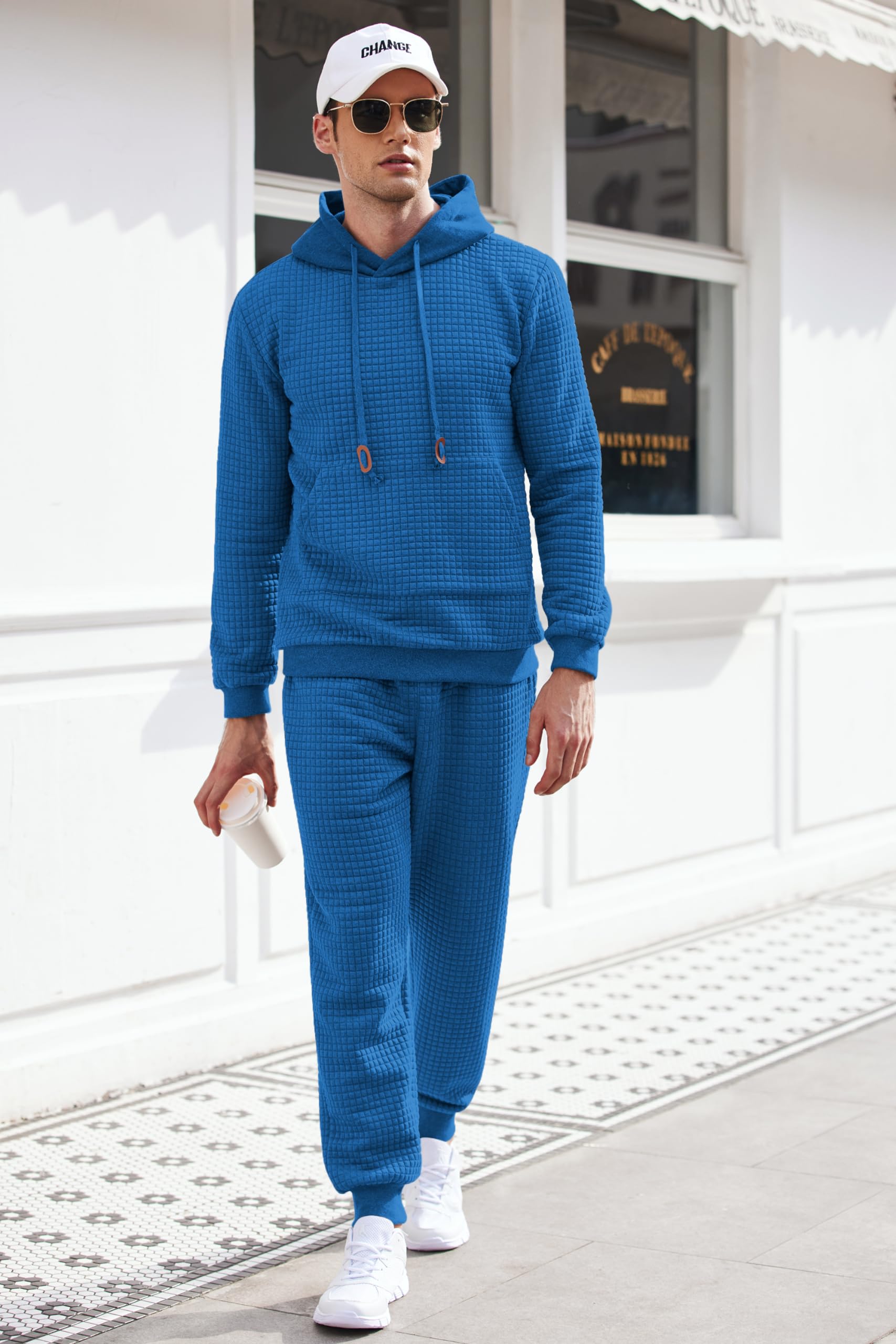 COOFANDY Men's 2 Piece Tracksuit Set - Hoodie & Joggers, Casual Athletic Waffle Plaid Jacquard Sweatsuit for Gym, Running & Streetwear Fashion
