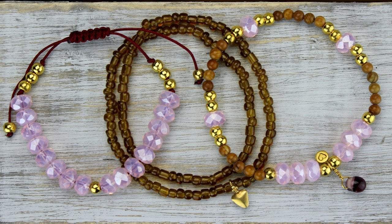 Hearts of Gold Wrist Mala Stack - Yoga Meditation Beaded Bracelet Set for Women, Boho Spiritual Jewelry Gift for Mindful Living & Positive Energy