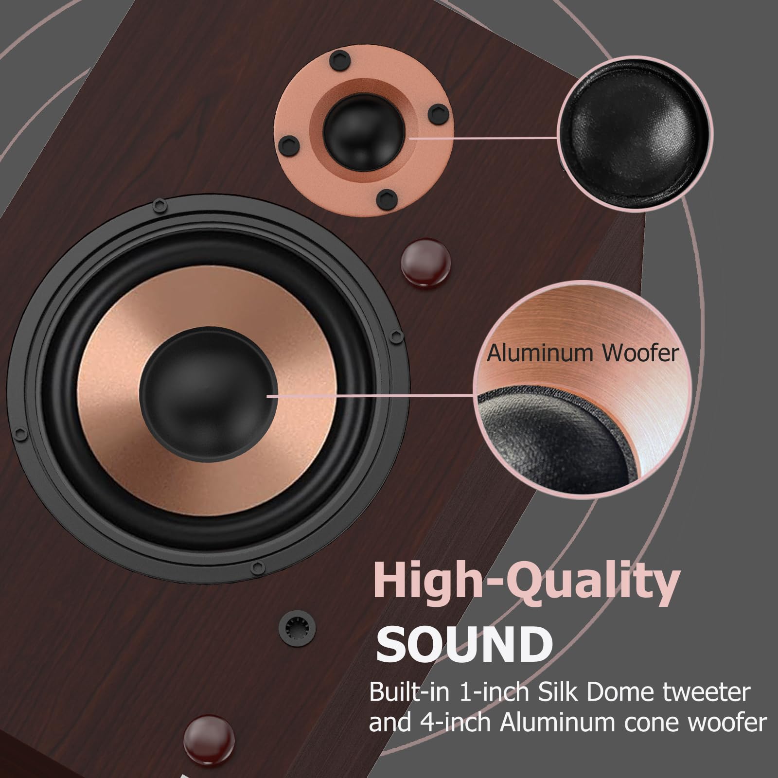 LONPOO 100W Bluetooth Bookshelf Speakers with 4'' Aluminum Woofer - Wireless Audio System for Home Theater, Gaming & Music | Supports RCA, Optical, Coaxial, USB, AUX Input for TV, PC, Turntable (LP-42M, Brown) - Perfect for Living Room, Bedroom & Office Entertainment
