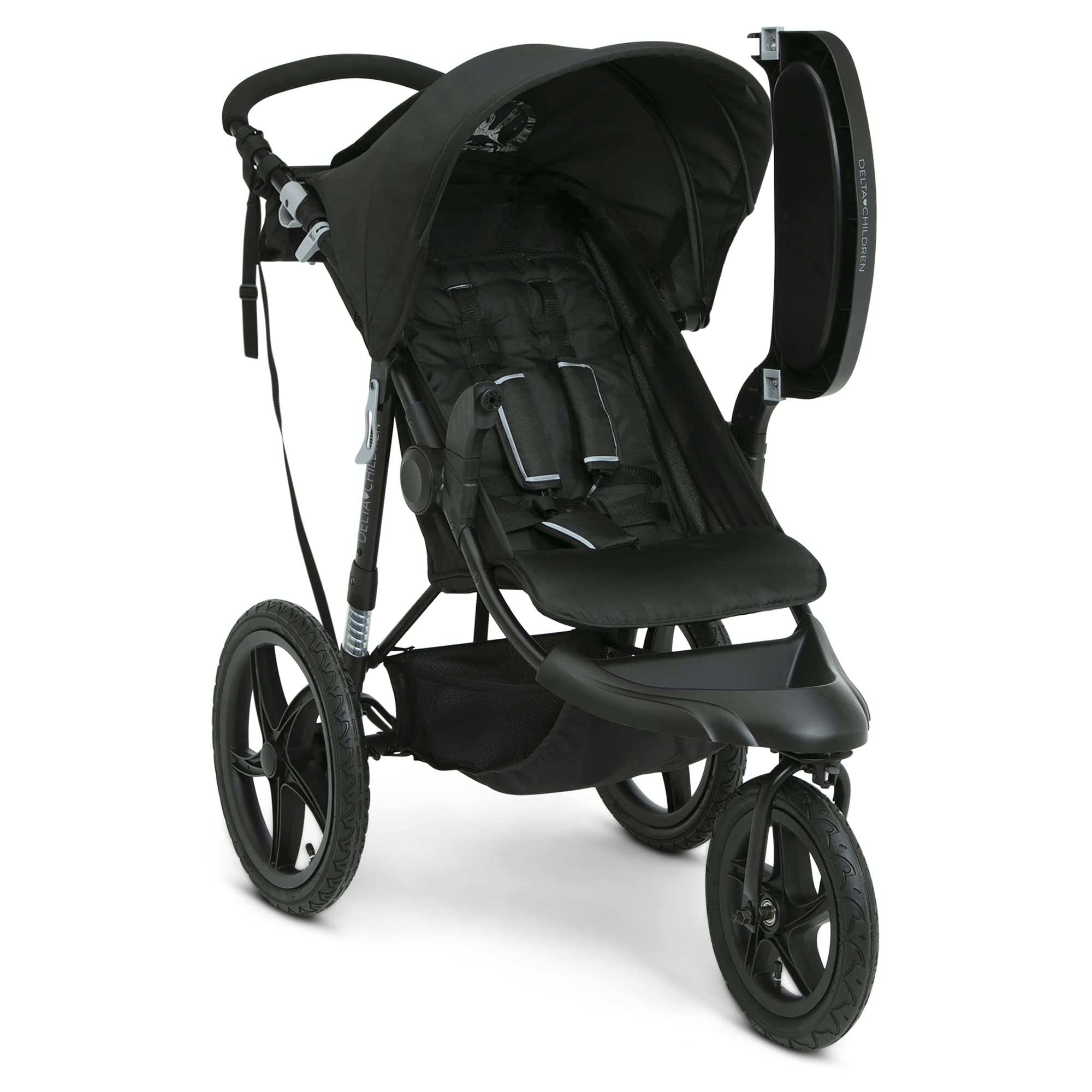 Delta Children Apollo Jogging Stroller - Lightweight Shock-Absorbing Frame with Adjustable Canopy & Reclining Seat - Compatible with Infant Car Seats (Black) - Perfect for Running, Walking & Outdoor Adventures with Baby