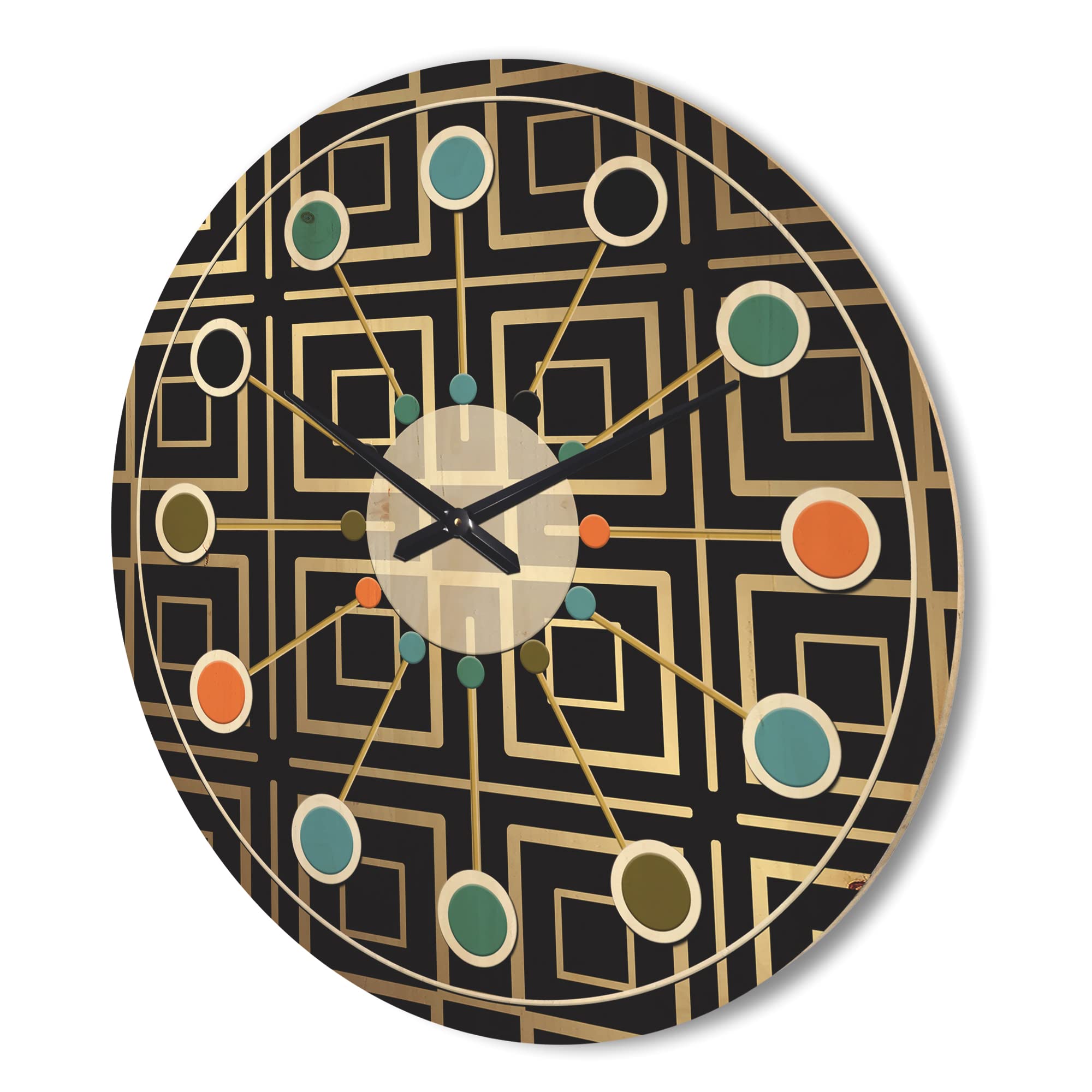 Metallic Golden Luxury Geometric Wall Clock - Large Mid-Century Modern Wooden Clock for Living Room, Bedroom & Office Décor | Oversized Decorative Wood Wall Art