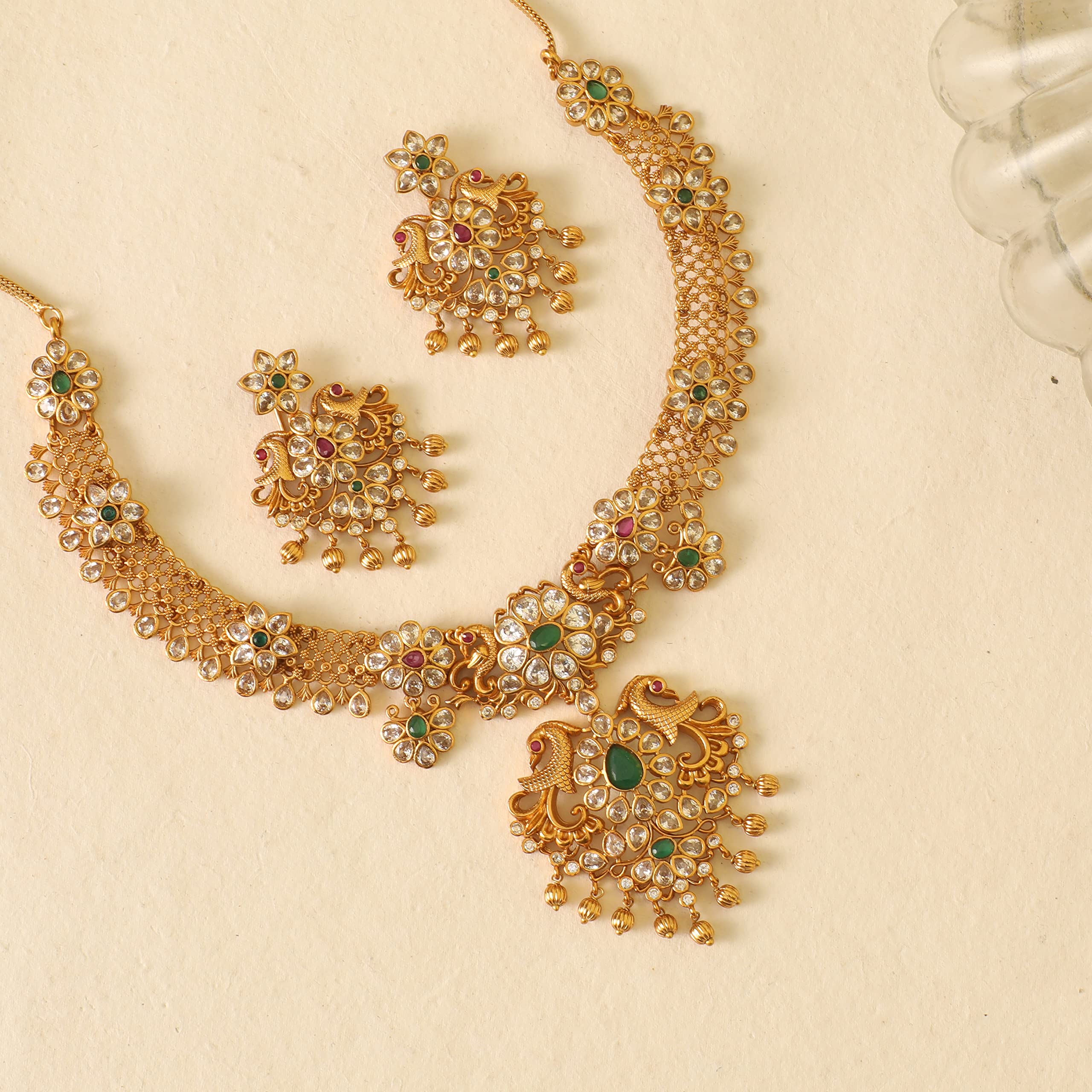 Antique Gold Plated Vira Short Necklace Set with Floral Design - Traditional South Indian Jewelry for Women | Perfect for Weddings, Festivals & Ethnic Occasions | 1 Year Warranty | Elegant Gift for Brides & Cultural Events