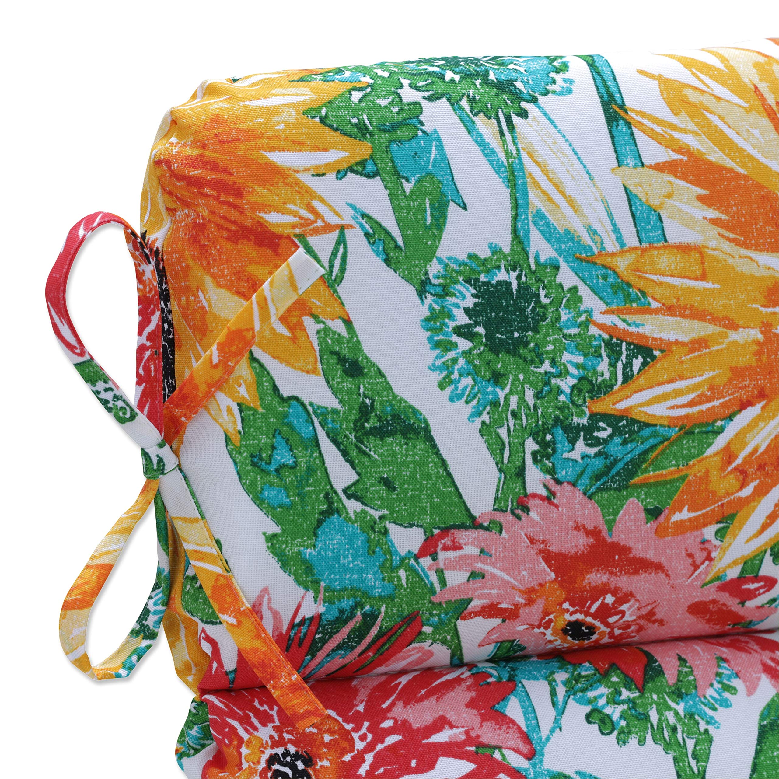 Pillow Perfect Bright Floral Indoor Outdoor Chair Cushion - 1-Piece Split Back Design with Ties, Rounded Corners & Deep Seat - Weather & Fade Resistant - 40.5 x 21 Inches - Yellow Green Sunflower Pattern - Perfect for Patio, Deck, Garden & Poolside Furniture