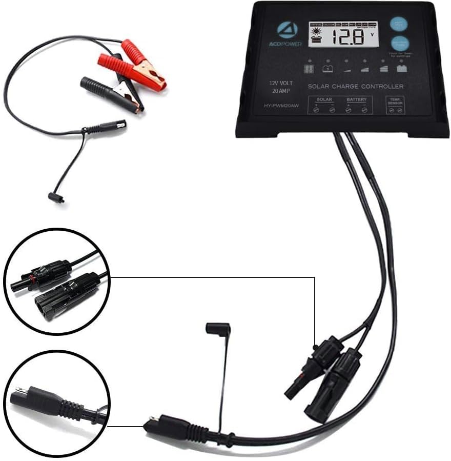 ACOPOWER ProteusX 20A 12V Waterproof Solar Charge Controller with Alligator Clips & MC4 Connectors for RV, Boat, Off-Grid Power Systems
