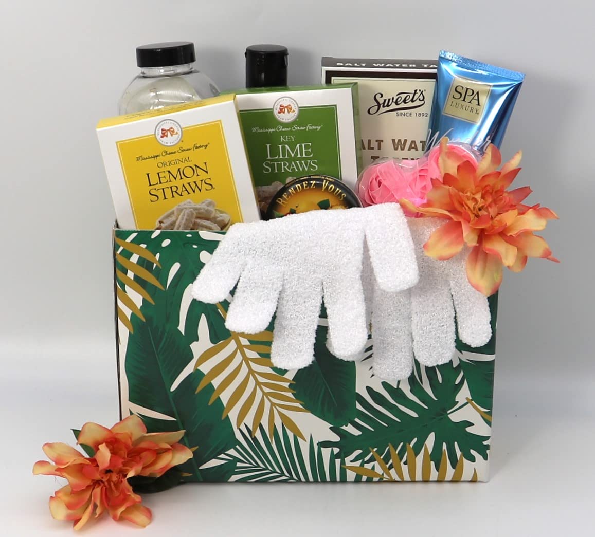 Gift Basket Village: Citrus Wave - Refreshing Taffy, Cookie Straws, Candy & Spa Items Gift Set | Perfect for Birthday, Anniversary & Holiday Gifts | Relaxing Self-Care & Party Treats