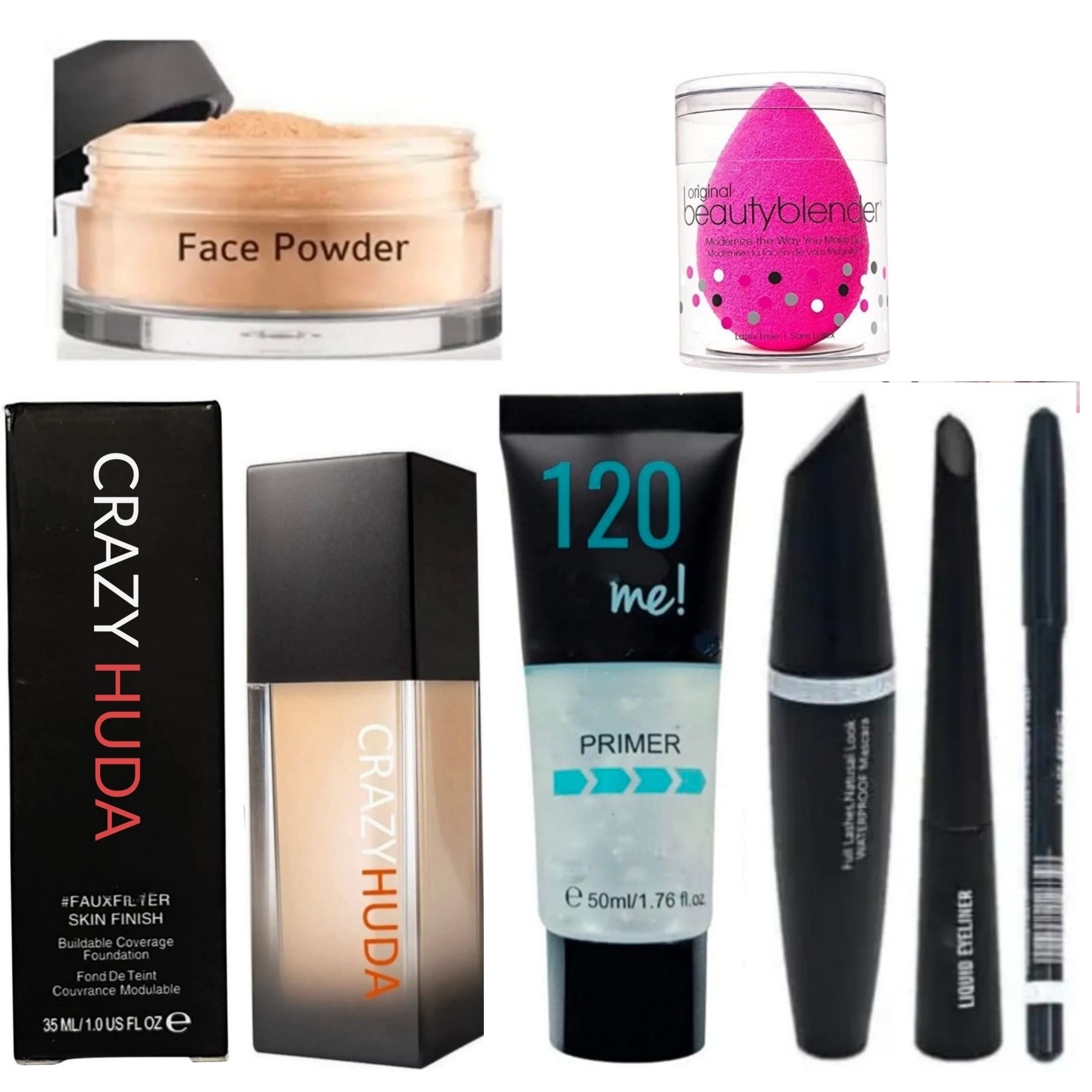 Huda Beauty Professional Waterproof Long-Lasting 3-in-1 Face Powder, Blender & Foundation Primer Set with Mascara, Liquid Eyeliner & Eyebrow Pencil - 5 Piece Makeup Kit for Flawless Full Face Coverage, Perfect for Daily Wear, Special Occasions & Photo Shoots