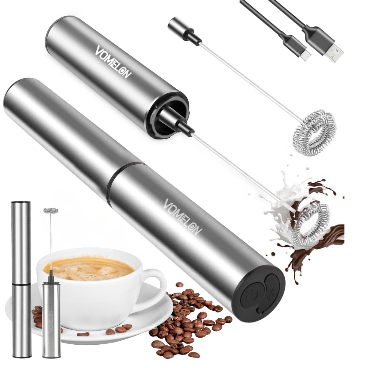 Rechargeable Electric Milk Frother - 2-Speed Portable Battery Operated Coffee Frother for Latte, Cappuccino & Hot Chocolate with USB Cable & Dual Whisks | Perfect for Travel, Home & Office Coffee Making