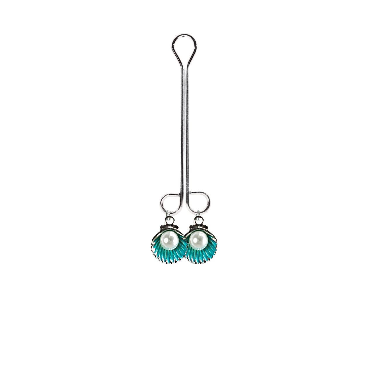 Elegant Pearl in Clamshell Charms with Blue Accents - Double Loop Cleopatra Clit Clamp for Sensual Pleasure | Includes Organza Gift Storage Bag | Perfect for Couples' Intimate Moments and BDSM Play