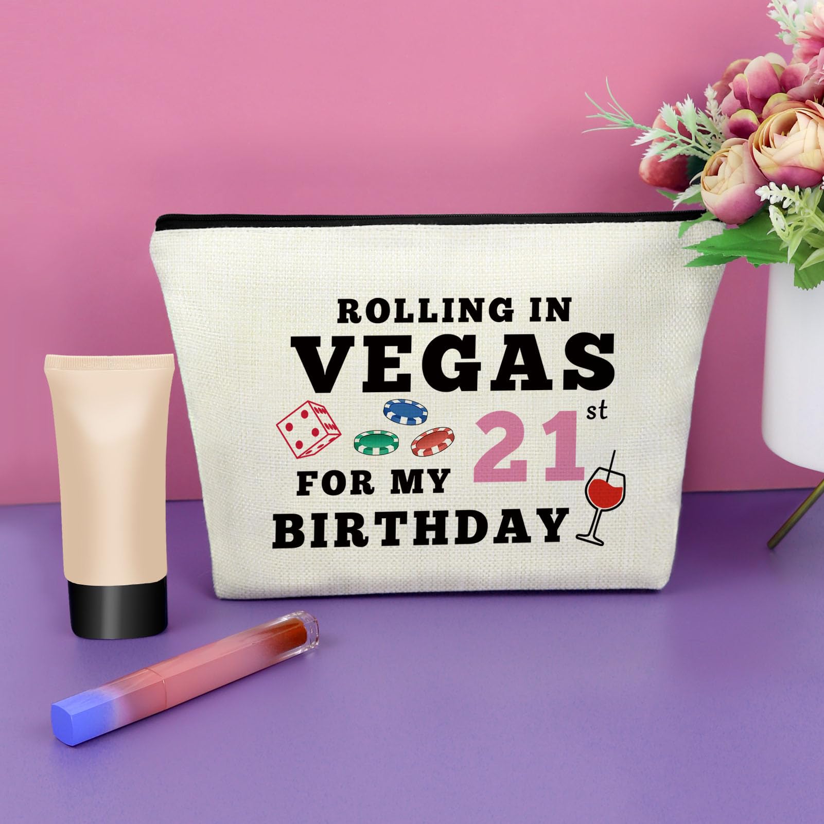 21st Birthday Makeup Bag - Vegas Themed Cosmetic Bag for Women, Perfect Gift for Daughter, Sister & Friends - Ideal for Travel, Vacation & Party Decorations