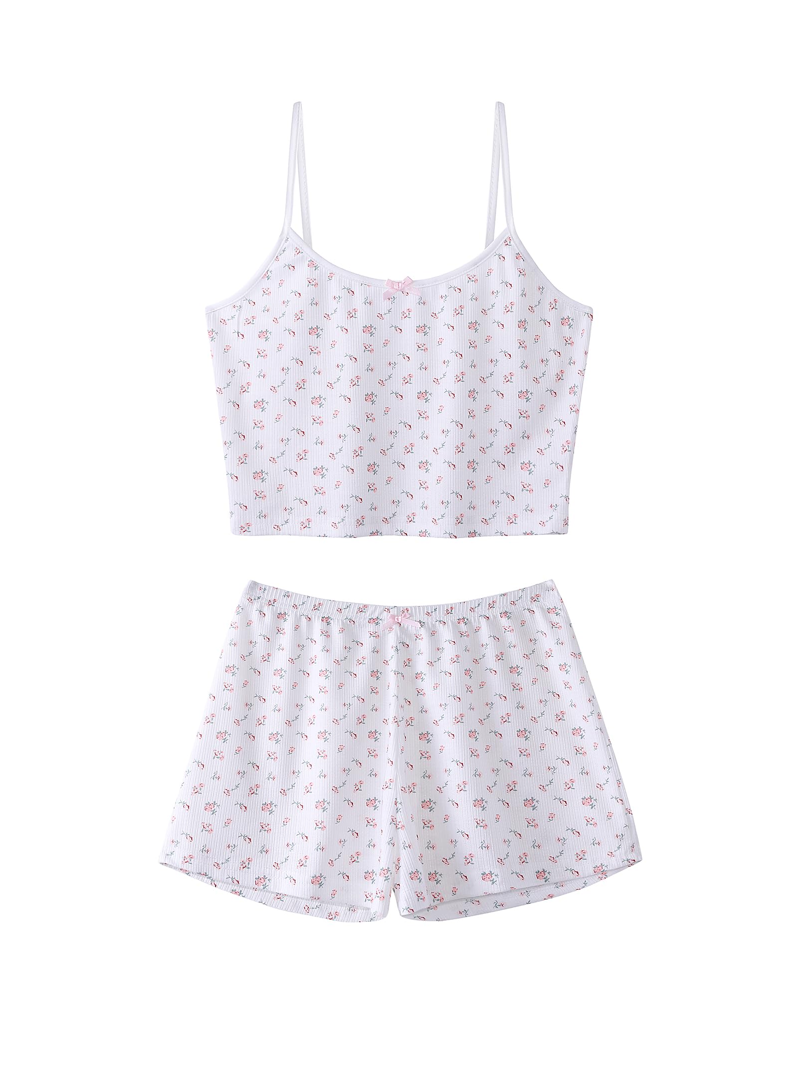 Hilinker Women's Graphic 2-Piece Pajama Set - Summer Cute Crop Cami & Shorts Ribbed Lounge Outfit for Sleepwear, Loungewear & Vacation