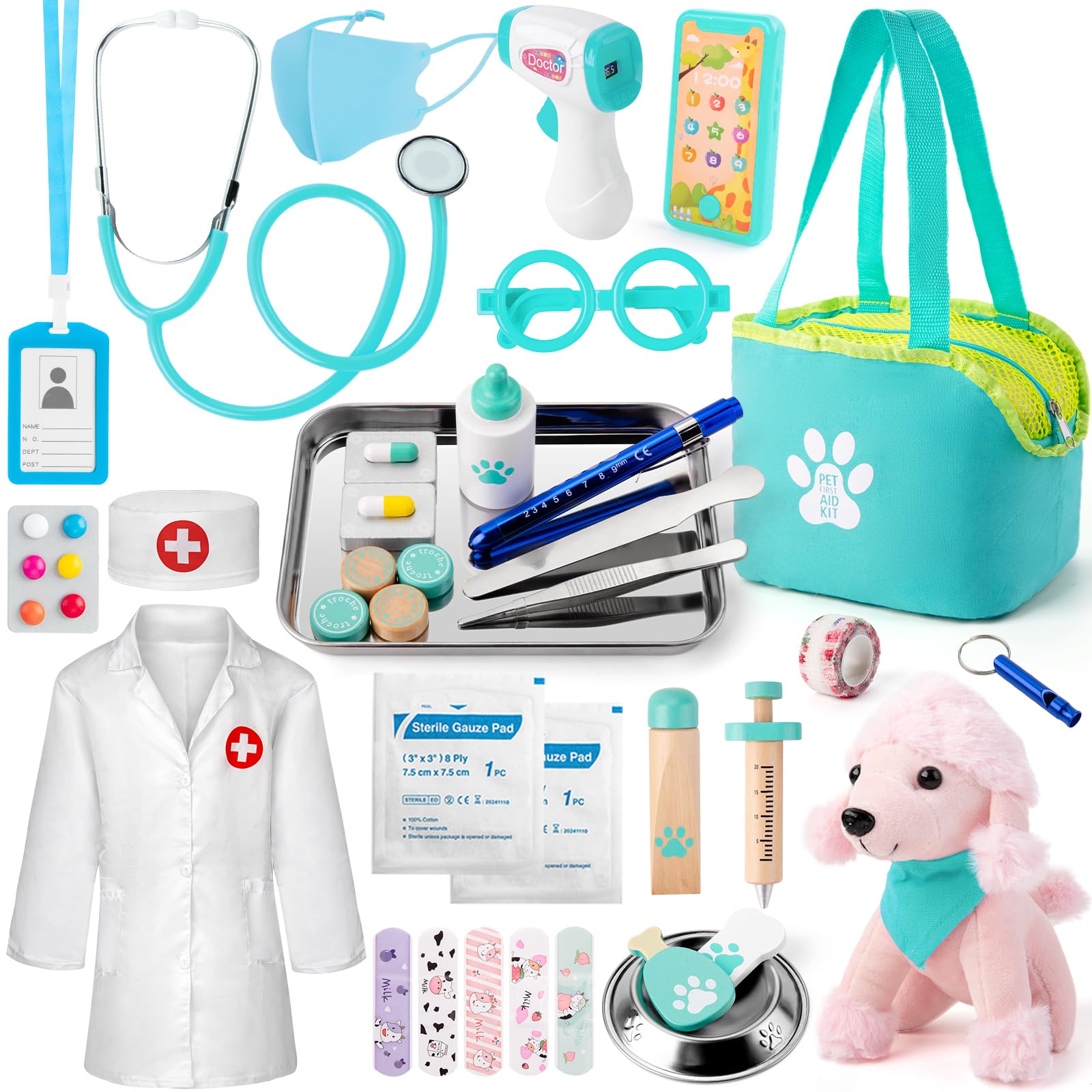 Sundaymot 37PC Kids Doctor Play Set - Pretend Doctor Kit for Toddlers Ages 3-5 with Stethoscope, Medical Bag, Dog Toy & Accessories - Educational Role Playing Toys for Boys & Girls - Perfect for Preschool Learning & Imaginative Play