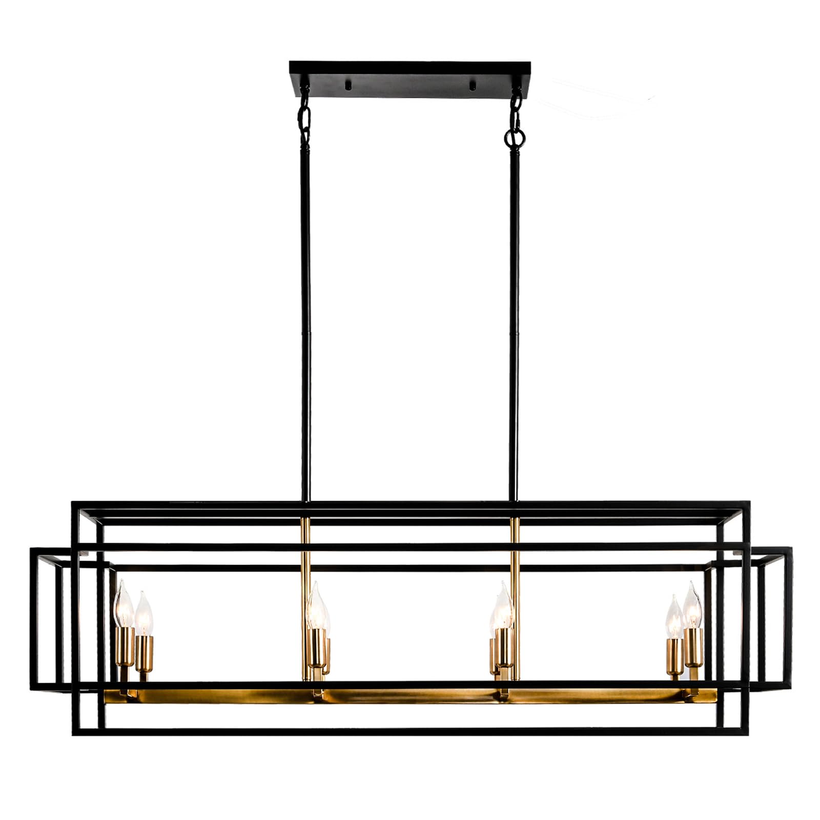 8-Light Black and Gold Rectangle Chandelier - Modern Farmhouse Kitchen Island Lighting with Brushed Brass Sockets - Perfect for Dining Room, Breakfast Nook, and Over Table Lighting