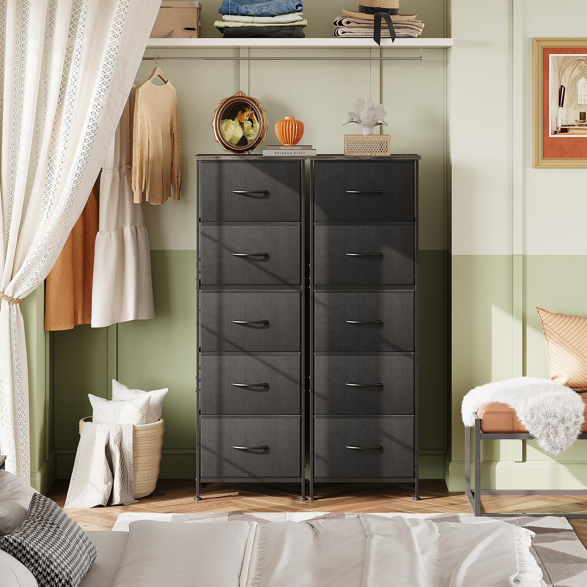 WLIVE 5-Drawer Fabric Dresser with Wood Top & Steel Frame - Tall Bedroom Storage Organizer with Fabric Bins - Space-Saving Chest of Drawers for Closet, Hallway or Nursery - Charcoal Black | Perfect for Small Spaces, Dorm Rooms & Apartment Organization