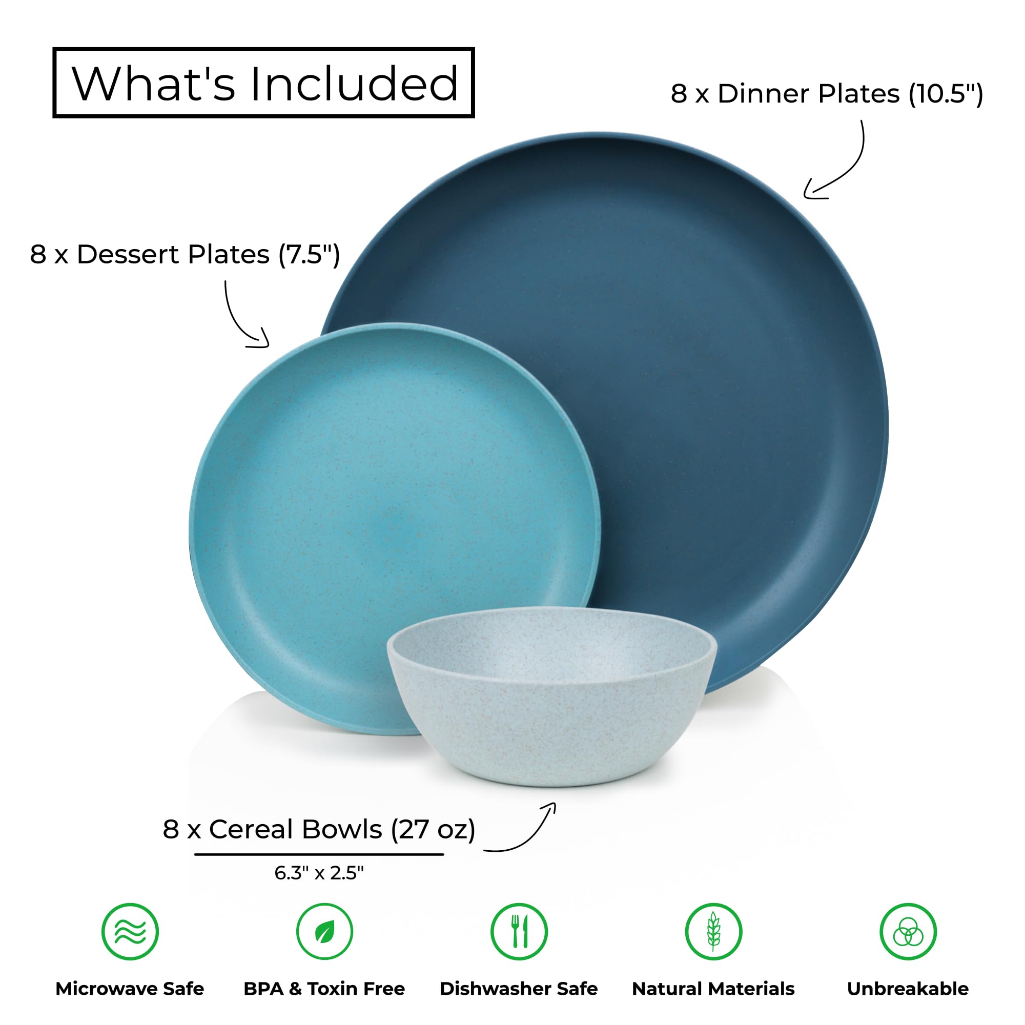 Premium 24-Piece Wheat Straw Dinnerware Set for 8 - Eco-Friendly Unbreakable Plates & Bowls | Microwave & Dishwasher Safe | Perfect for RV Camping, Picnics & Outdoor Dining - Seascape Design