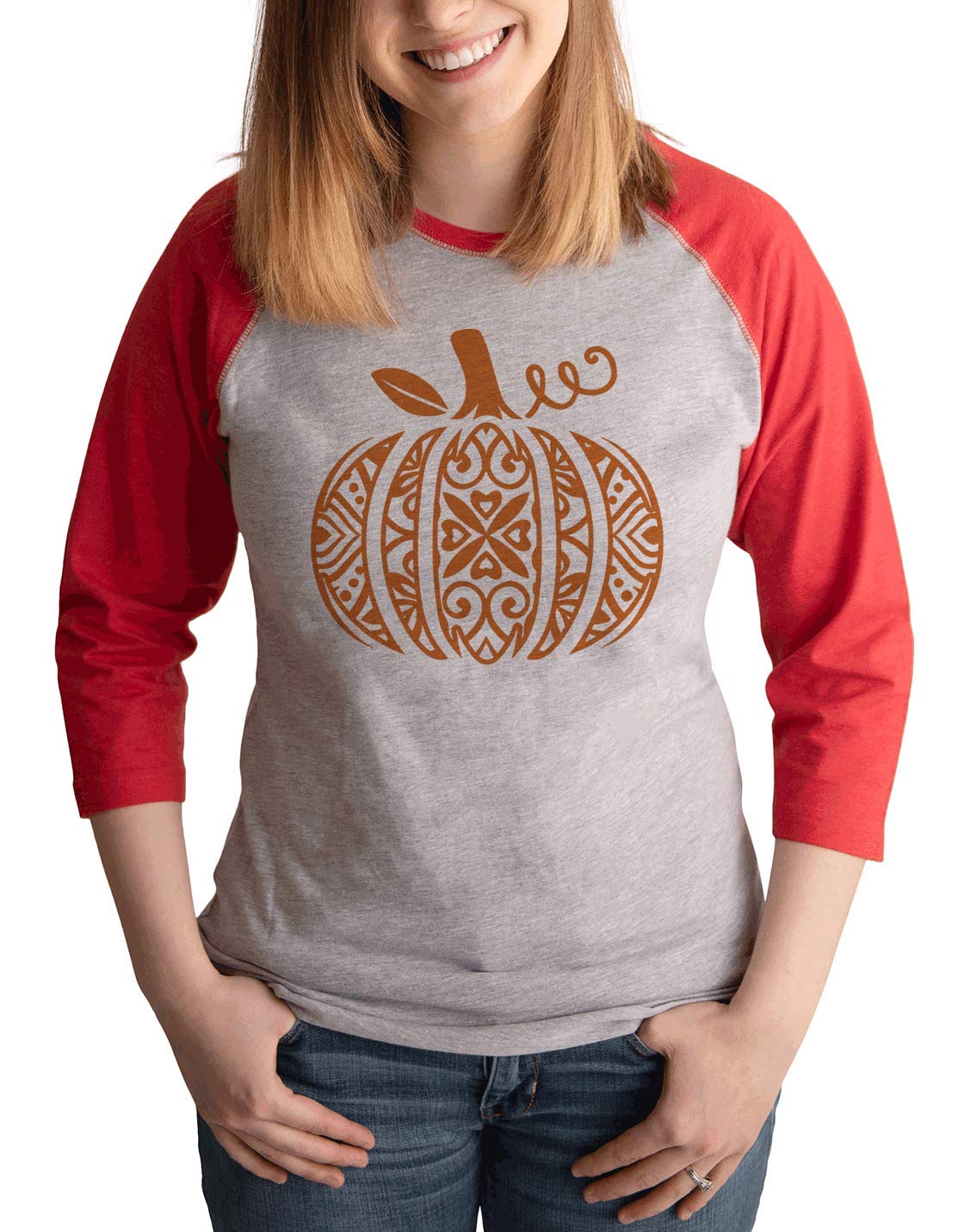 7 ate 9 Apparel Women's Cute Orange Pumpkin Print T-Shirt | Fall Fashion Top for Halloween, Thanksgiving & Autumn Outfits