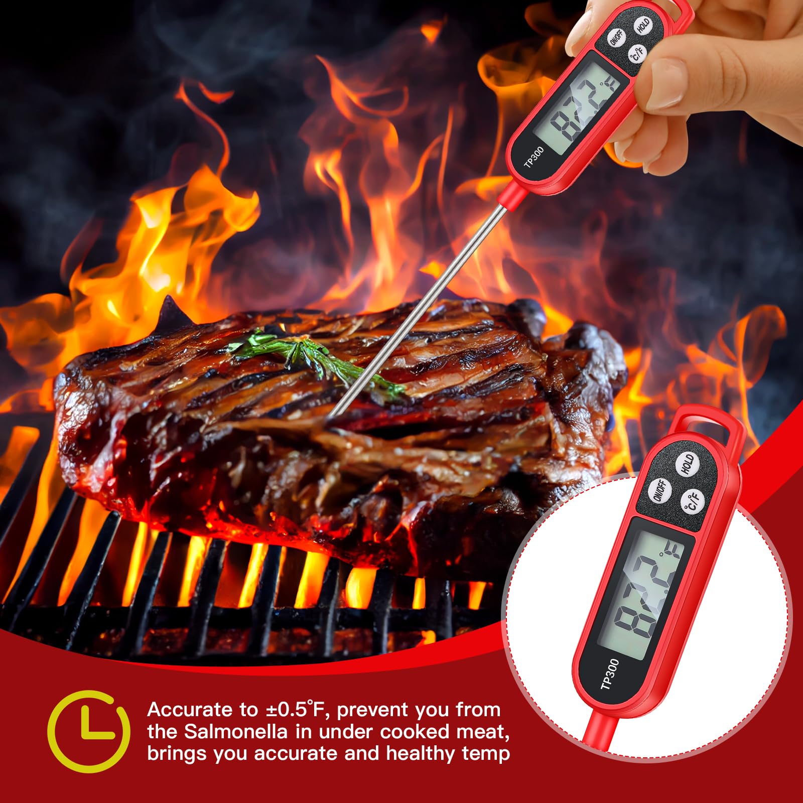 Digital Meat Thermometer with Probe - Instant Read Food Thermometer for Cooking, BBQ, Grilling, Milk & Yogurt - Waterproof Kitchen Thermometer (Red) - Perfect for Grilling, Baking, Roasting & Food Safety Checks