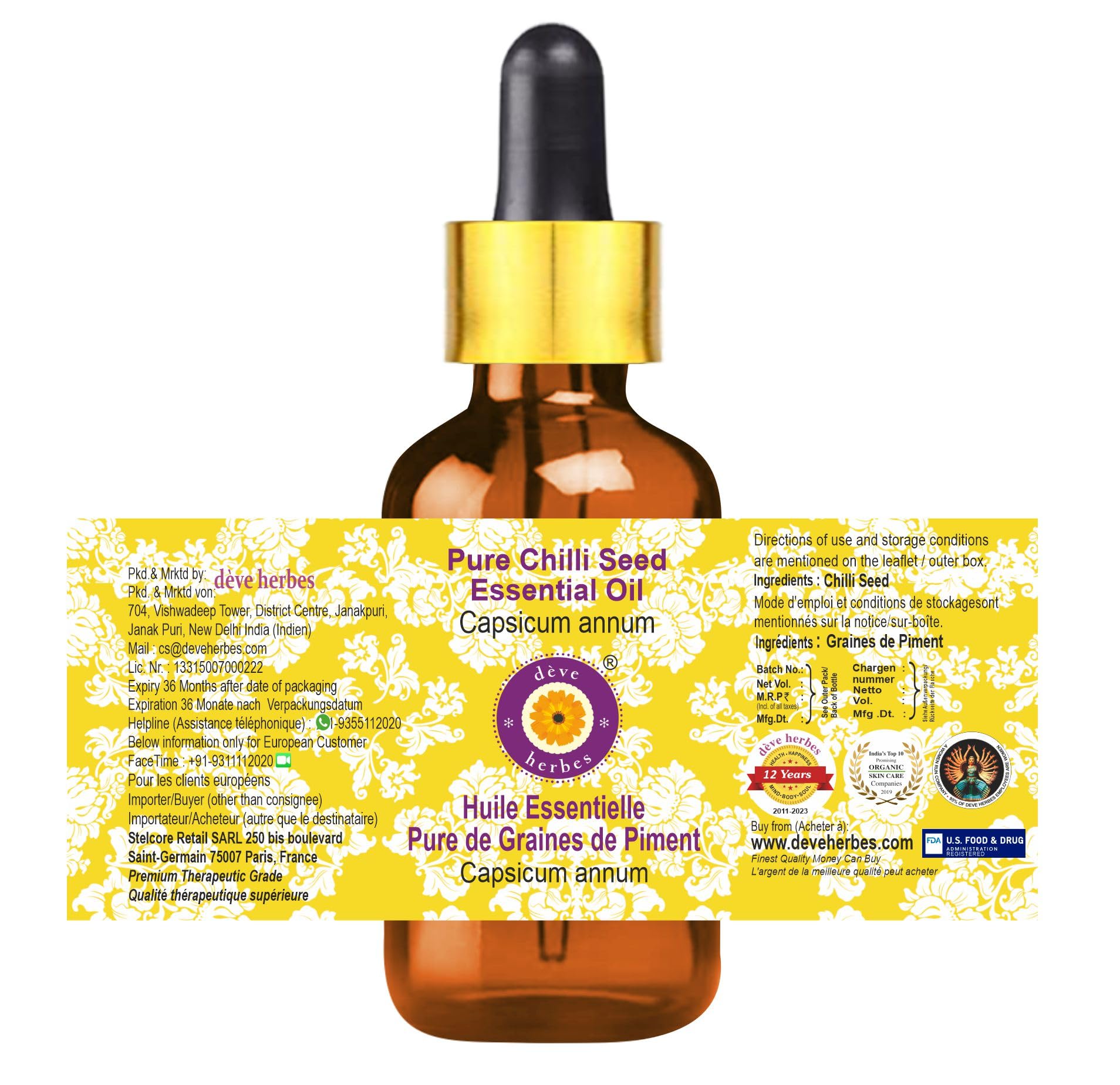 Pure Chili Seed Essential Oil (Capsicum Annum) - 5ml Steam Distilled with Glass Dropper | Natural Aromatherapy, Massage & DIY Skincare | Deve Herbes Premium Quality