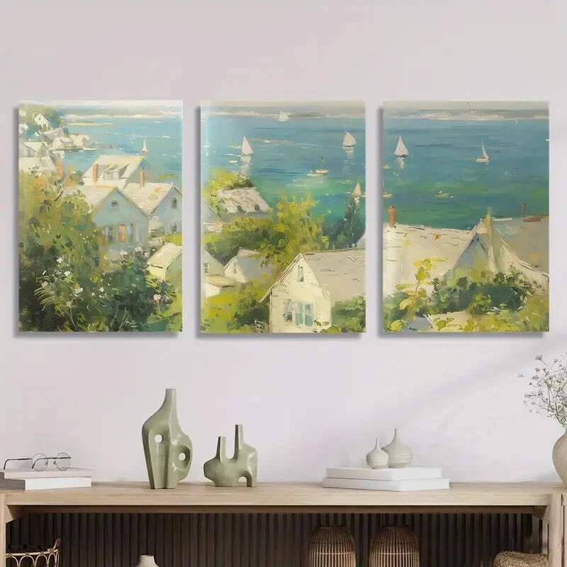 3pcs Oil Painting Style Cottage by the Sea Metal Wall Art - Ready to Hang Coastal Decor for Living Room, Bedroom & Office