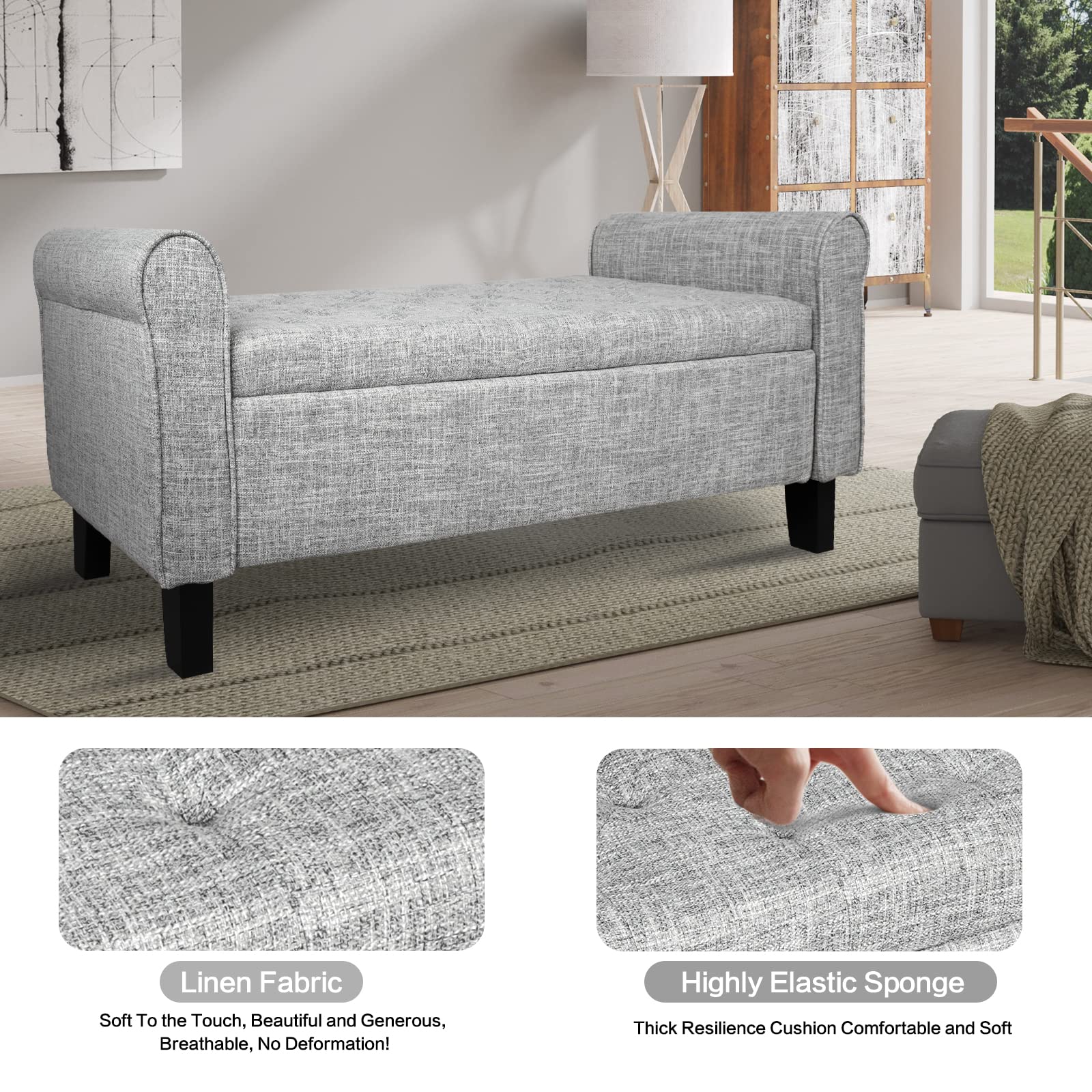 Storage Ottoman Bench with Arms - Button Tufted Upholstered Seat with Hidden Storage Compartment, Multi-Purpose Bench for Bedroom, Living Room, Entryway & Hallway (Light Grey) - Perfect as Bed End Bench, Shoe Storage or Living Room Seating