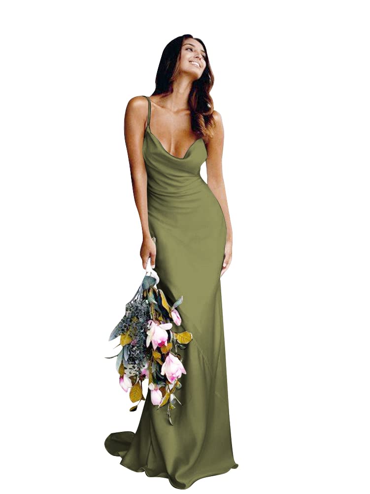 Elegant Olive Satin Spaghetti Strap V-Neck Mermaid Wedding Dress for Bridesmaids & Prom - Size 4 | Perfect for Beach Weddings, Evening Parties & Formal Events