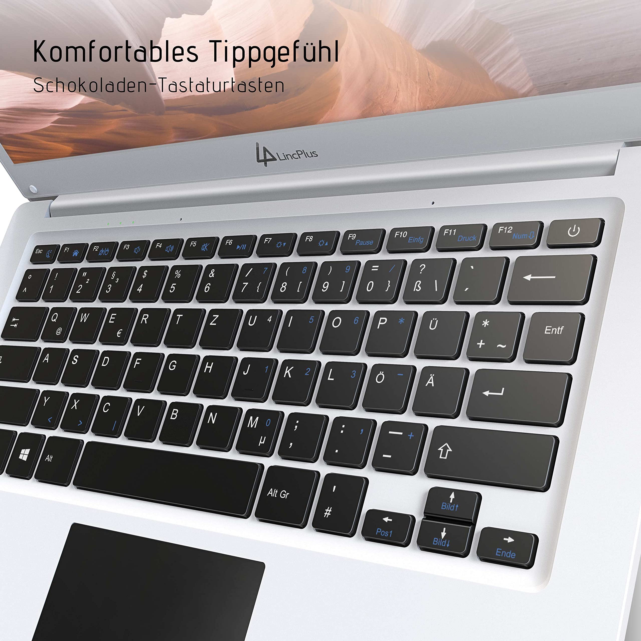 LincPlus 14 Inch Full HD Laptop - 4GB RAM, 128GB SSD, QWERTZ Keyboard - Lightweight Notebook for Home, Office & School - Windows 10 S | Portable Computer for Remote Work, Online Classes & Business Travel