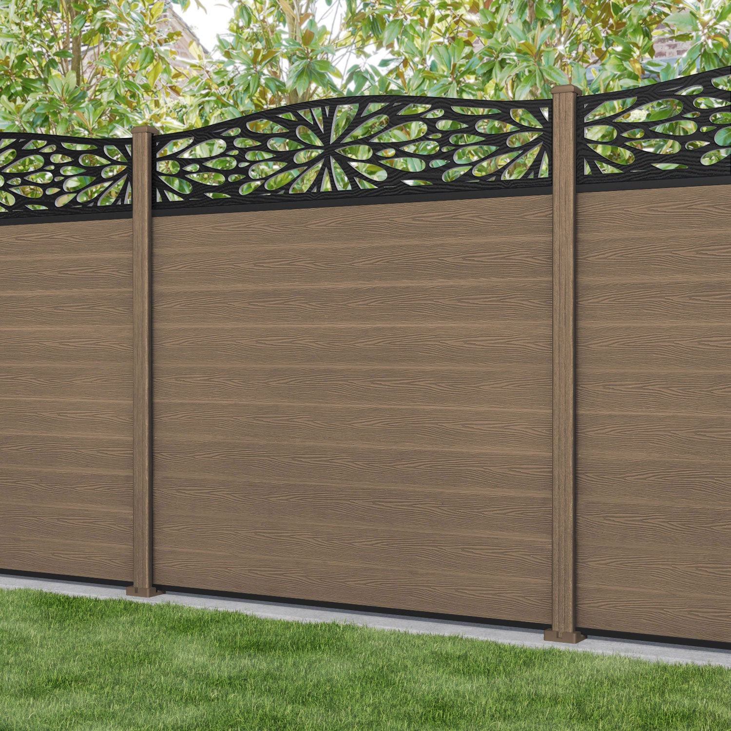 Classic Blossom Curved Top Teak Fence Panel with Composite Posts - Elegant Garden Fencing for Backyard Privacy and Decoration