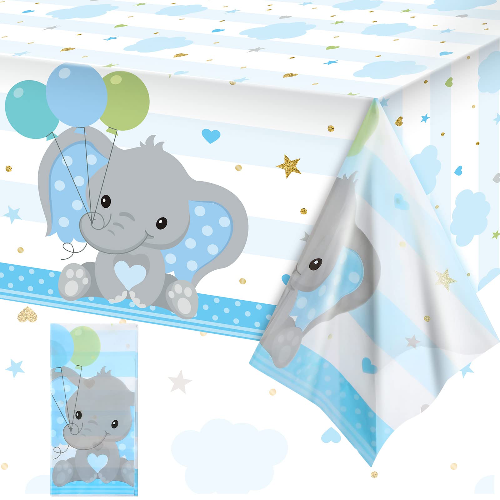 Blue Elephant Baby Shower Tablecloth - 1 Pack Plastic Rectangle Table Cover for Gender Reveal Party Decorations (54