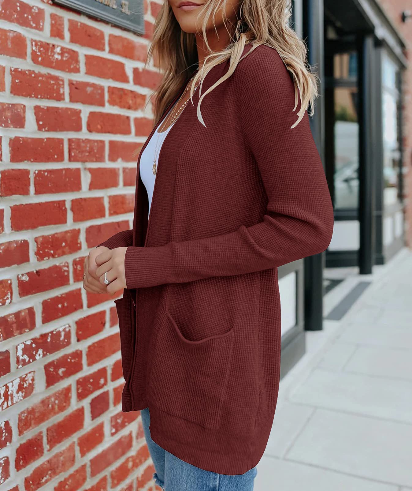 MEROKEETY Women's 2025 Fall Open Front Waffle Knit Cardigan Sweater - Long Sleeve Cozy Knit Pullover with Pockets - Perfect for Autumn Layering, Office Wear & Casual Outfits