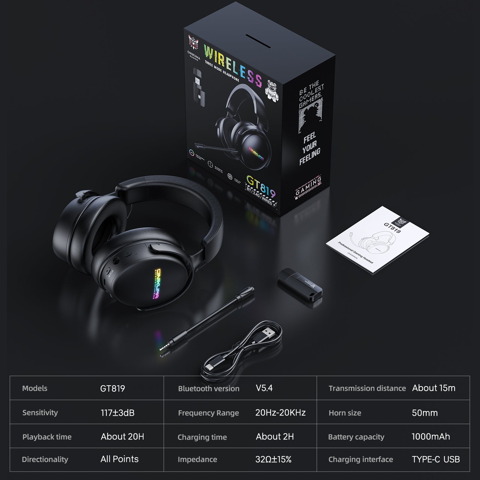 ONIKUMA GT819 Wireless Gaming Headset with Bluetooth & 3.5mm Wired Connection - Lightweight Over-Ear Esports Headphones for PC, PS4, Xbox, Mobile Gaming & Streaming