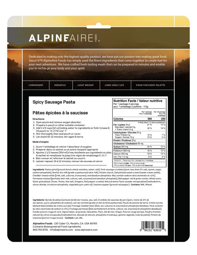 AlpineAire Spicy Sausage Pasta - Freeze Dried Backpacking Meal | Lightweight Camping Food for Hiking, Emergency & Outdoor Adventures