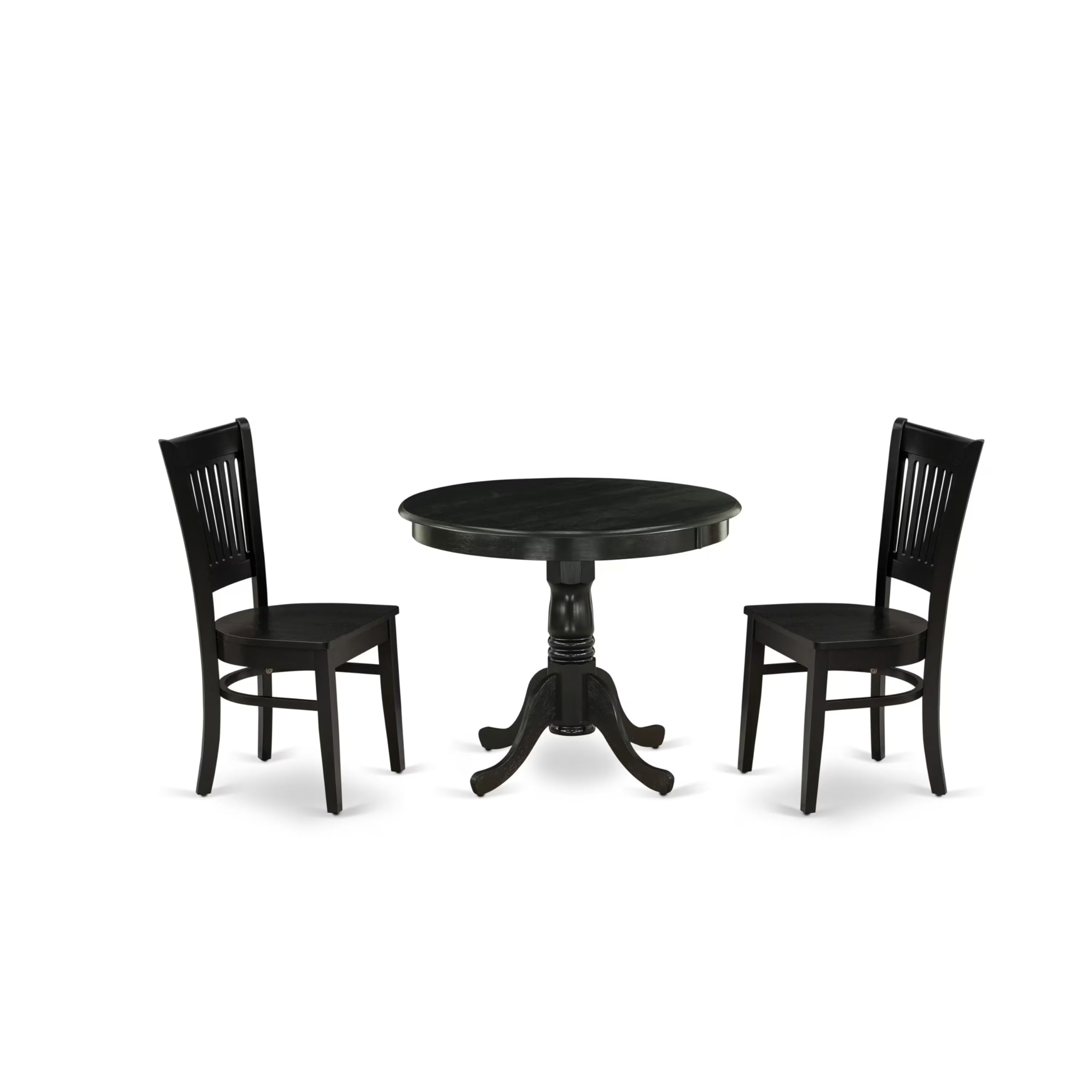 East West Furniture ANVA3-BLK-W 3-Piece Round Kitchen Dining Table Set with Pedestal Base & 2 Chairs - 36x36 Inch Small Space Black - Perfect for Apartments, Breakfast Nooks & Cozy Dining Areas