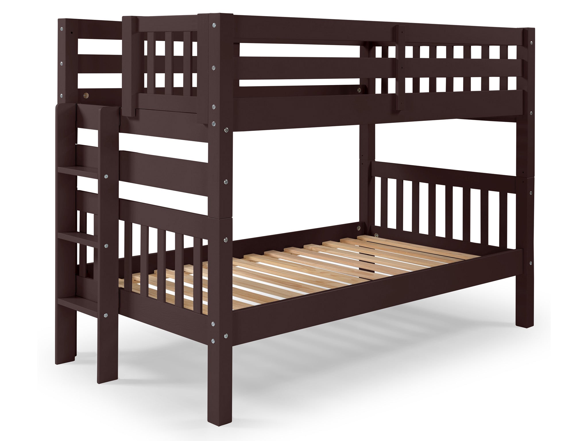 Twin Over Twin Bunk Bed with End Ladder - Dark Cherry Finish for Kids' Bedroom, Dorm Room or Space-Saving Sleep Solution
