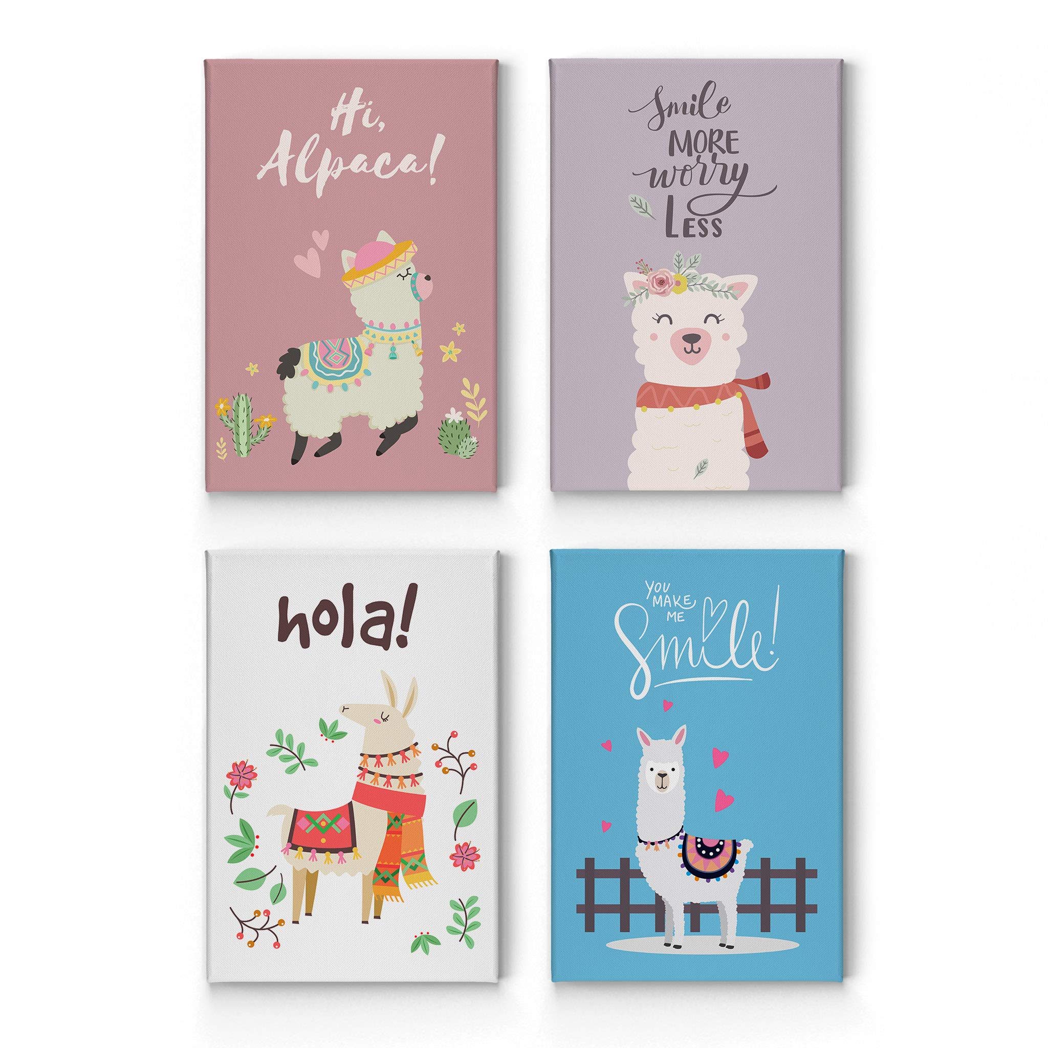 Smile Art Design Cute Alpaca Canvas Print Set - Pink, Purple, White & Blue Background - 4 Piece Kids Room Wall Art Decor for Baby Boy & Girl - Ready to Hang - Made in USA (22x15) - Perfect for Nursery, Bedroom & Playroom Decorations