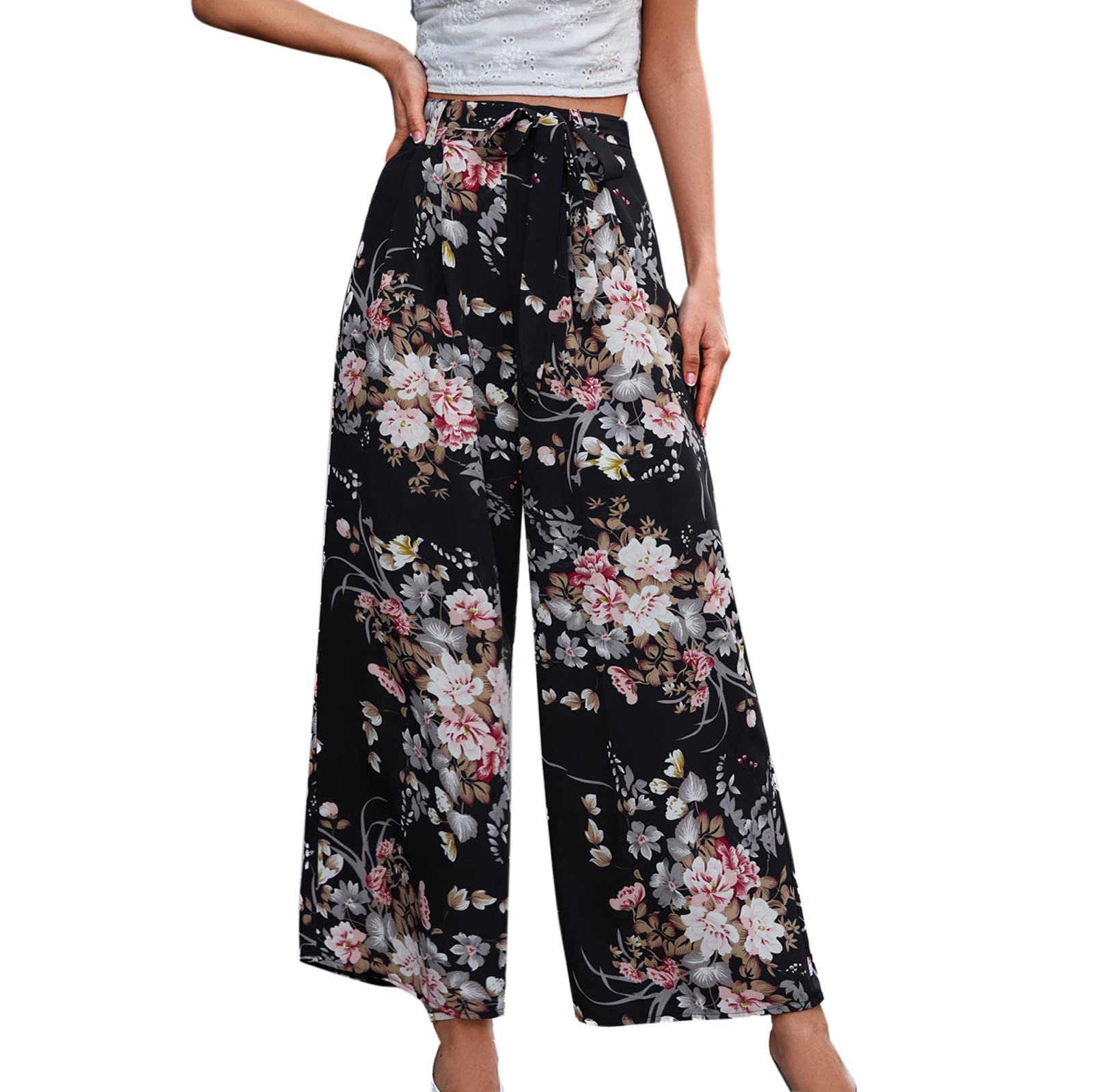 Women's High Waisted Floral Print Palazzo Pants - Belted Wide Leg Long Trousers with Pockets for Casual Wear, Summer Outfits & Boho Style Fashion