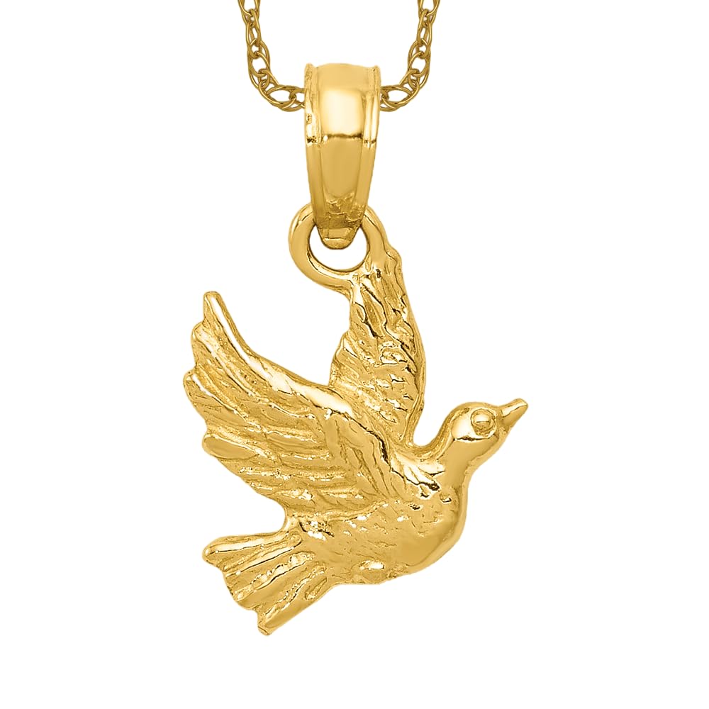 14K Solid Yellow Gold Flying Dove Necklace - Peace Love Holy Spirit Pendant, Christian Religious Jewelry Gift for Women - Perfect for Baptism, Confirmation, Church & Everyday Wear