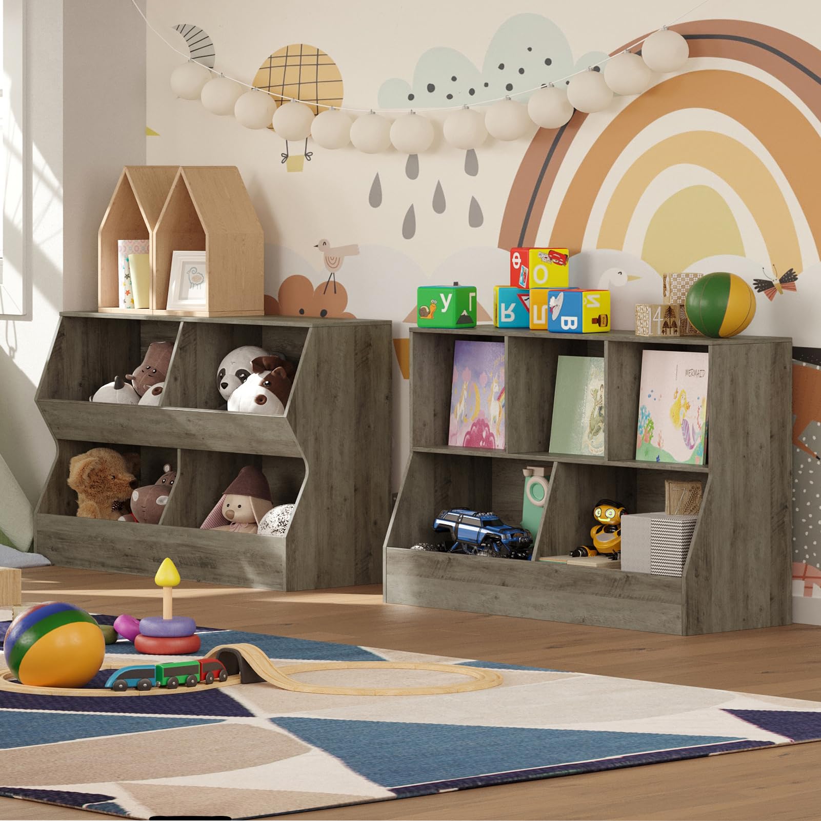 DINZI LVJ 5-Cubby Wooden Toy Storage Organizer & Kids Bookshelf - Gray Wash Toy Cabinet for Playroom, Bedroom, Nursery - Perfect for Organizing Toys, Books & School Supplies (43.3