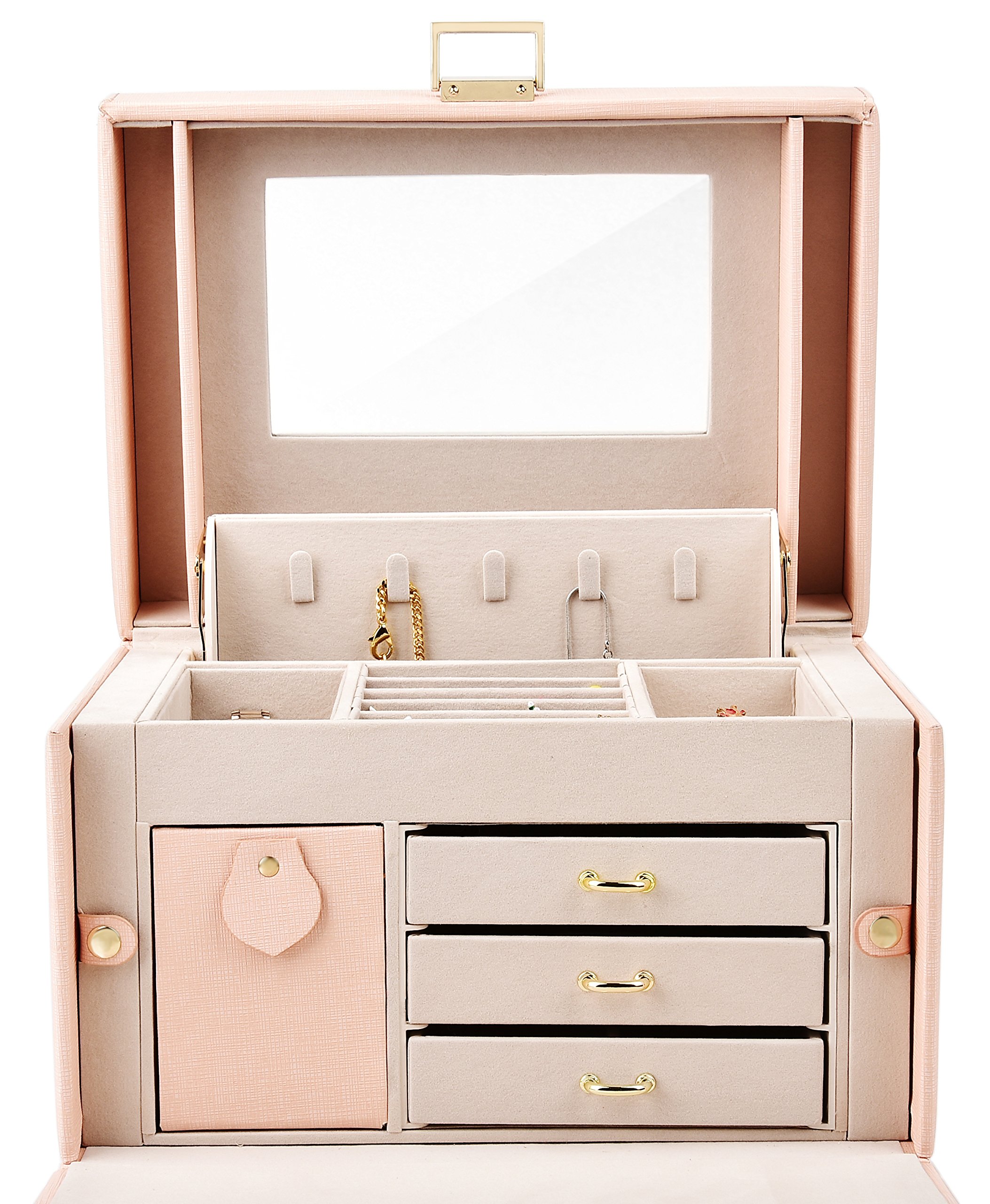 Luxury Jewelry Box with Lock & Mirror - Elegant Storage Case for Earrings, Necklaces, Rings - Perfect Gift for Women (Pink, Medium) | Ideal for Travel, Home Organization & Special Occasions