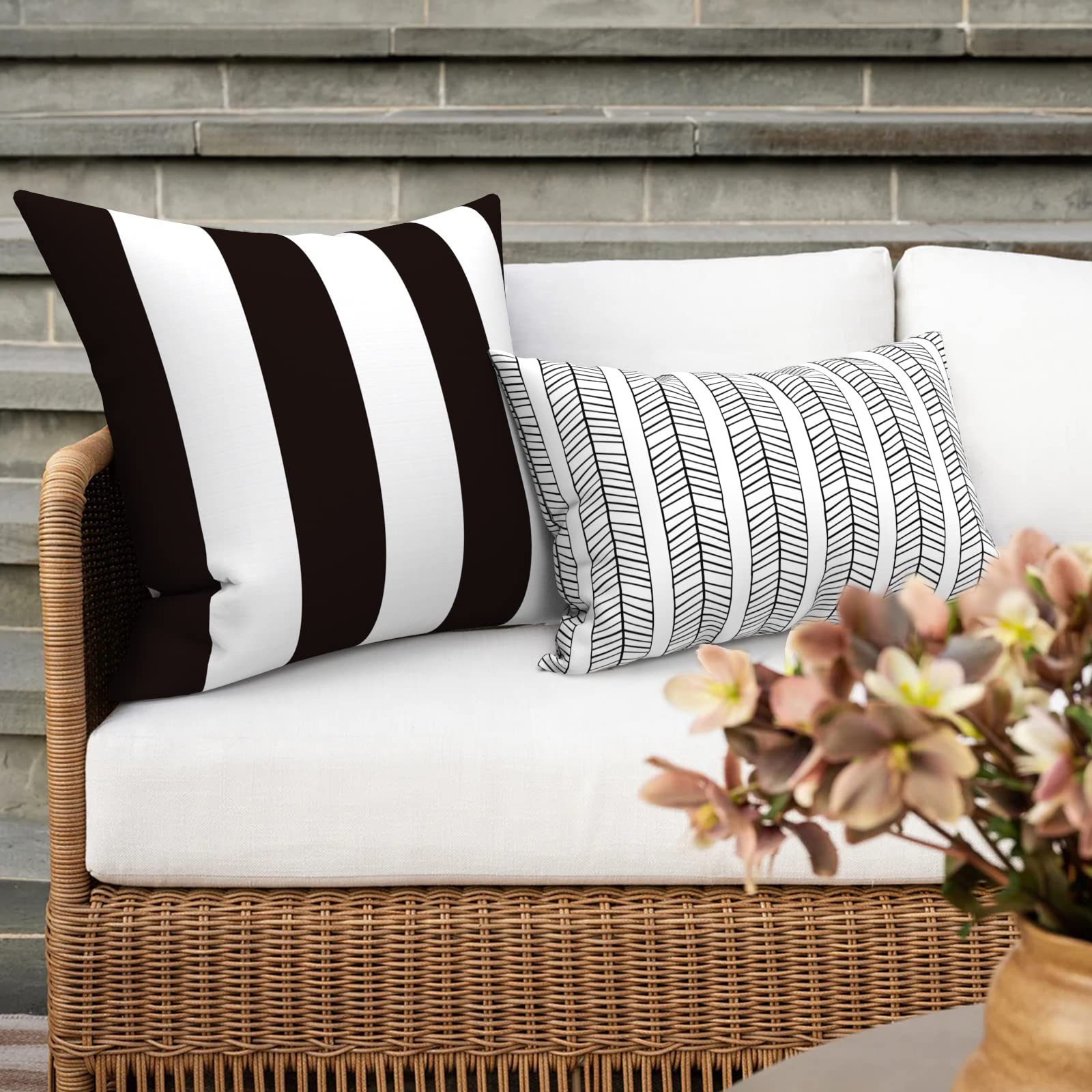 Premium 16x16 Inch All-Weather Square Throw Pillow Covers Set of 2 - Indoor/Outdoor Decorative Pillow Cases for Sofa, Patio, Cabana & Home Furniture - Cabana Black Design - Perfect for Living Room, Garden & Poolside Relaxation