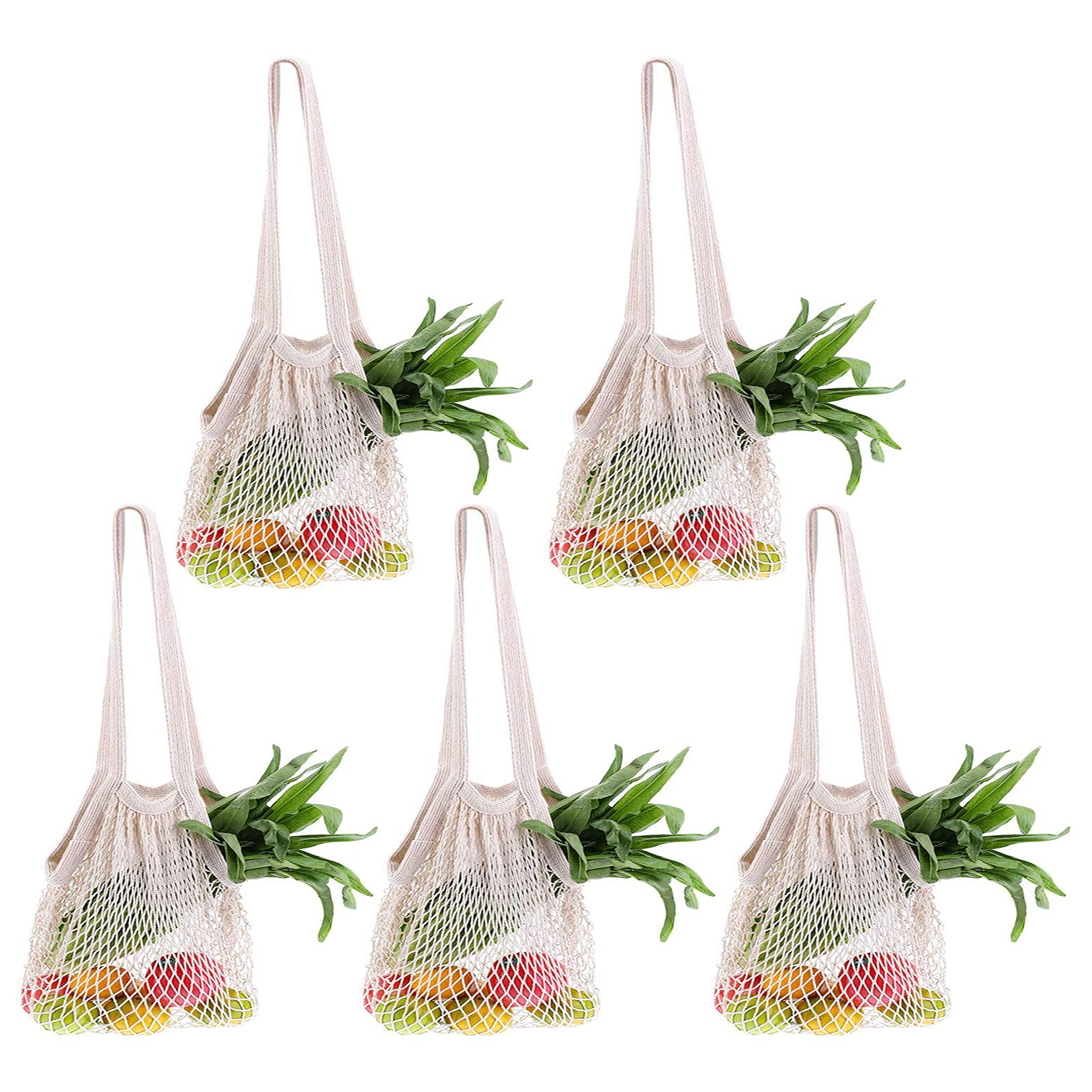 Eco-Friendly Reusable Cotton Mesh Grocery Bags 5-Pack - Durable Long Handle Shopping Tote Bags for Farmers Market, Beach & Zero Waste Lifestyle | Sustainable Produce & Bulk Food Storage