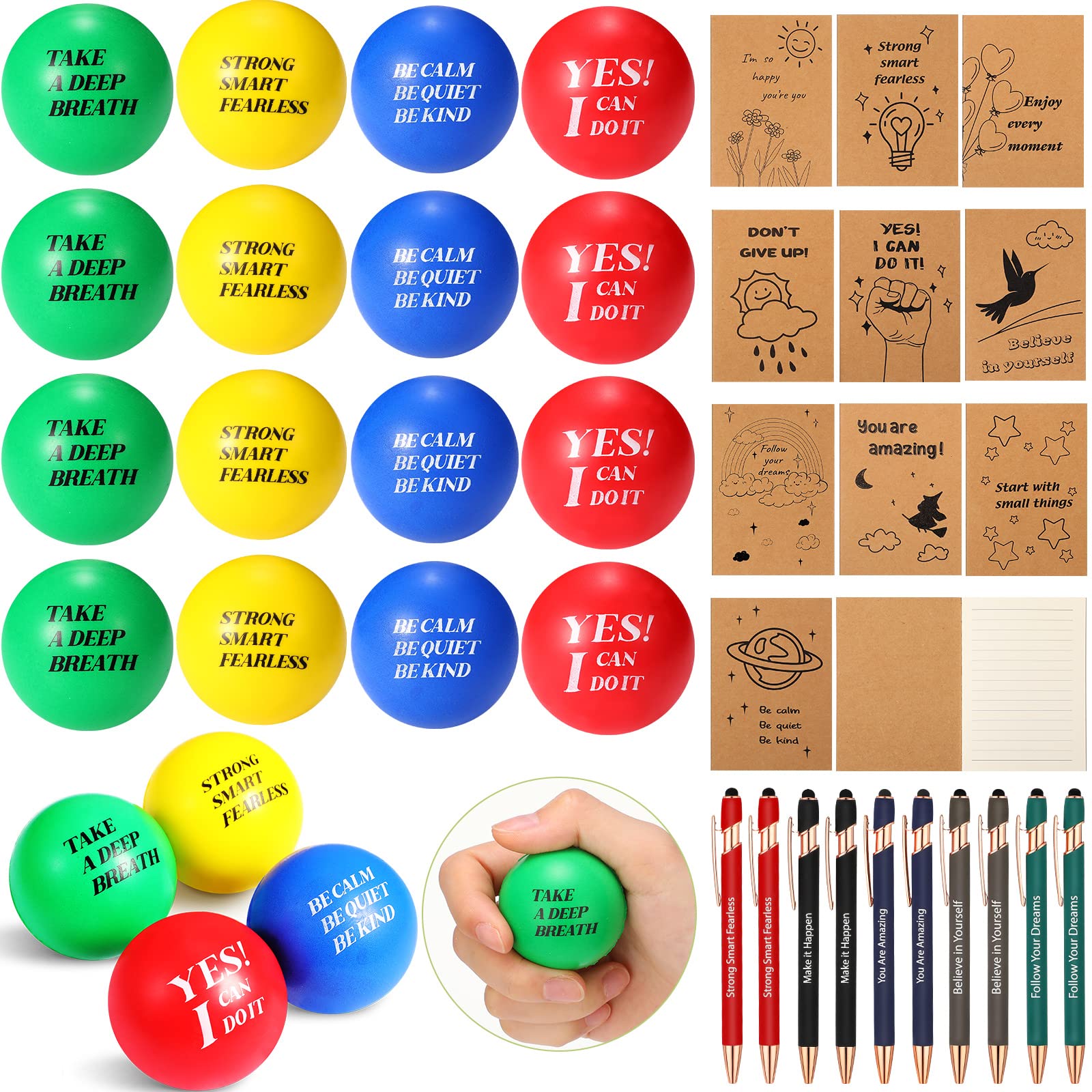 40 Pcs Stress Relief Gift Set - 20 Motivational Stress Balls with Inspirational Quotes, 10 Kraft Notebooks & 10 Ballpoint Pens - Perfect for Adult Students, Office Workers & Anxiety Relief (Colorful Foam Balls for Encouragement & Relaxation)