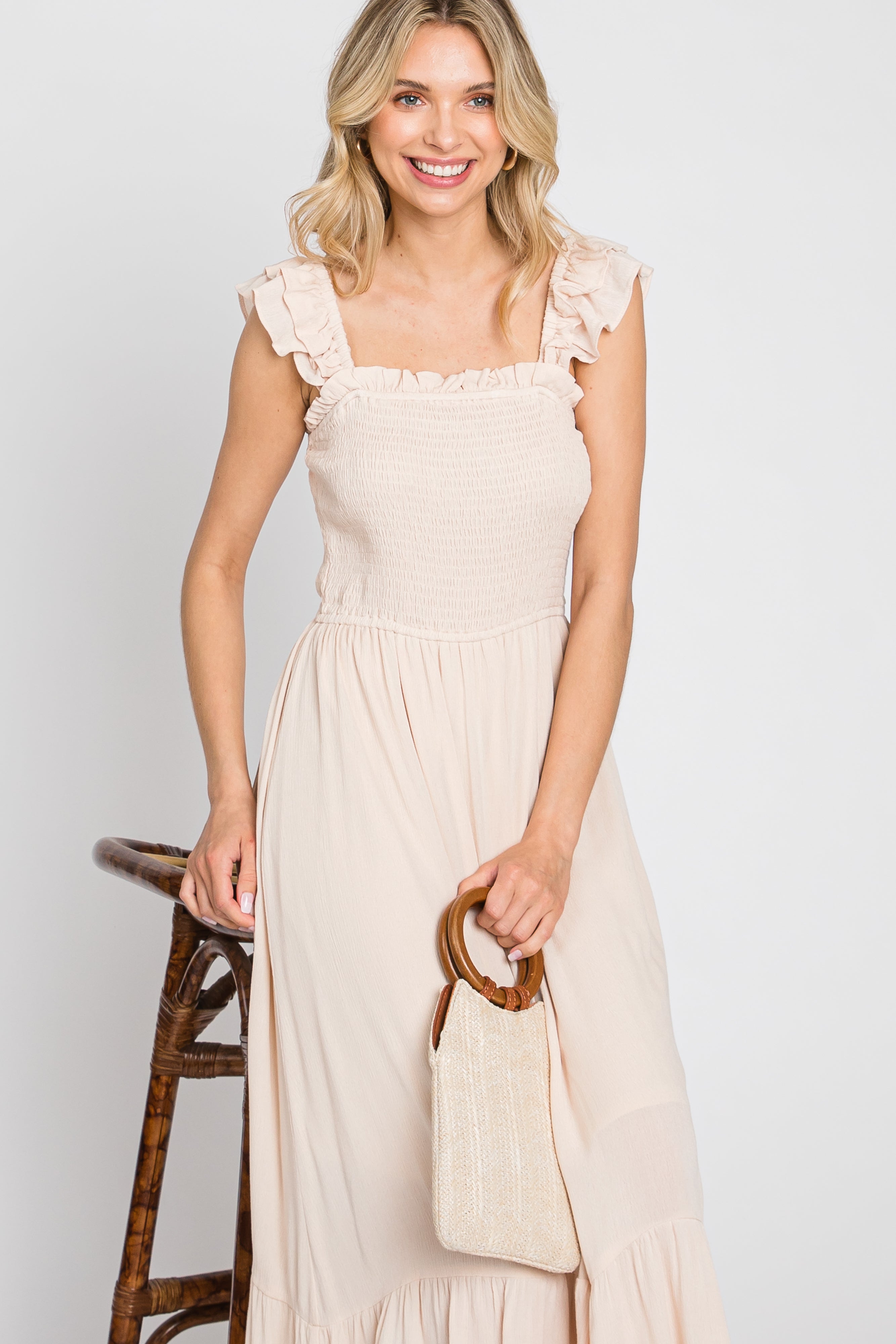 Beige Smocked Ruffle Sleeveless Midi Dress for Women - Summer Casual Beach Dress, Wedding Guest Outfit, Party & Vacation Wear